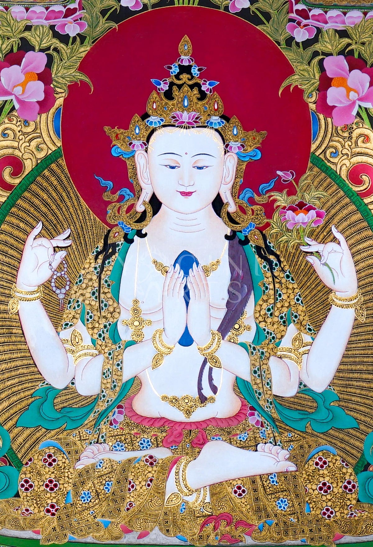 Hand-painted Four-Armed Chenrezig Thangka featuring Avalokiteshvara with the Five Dhyani Buddhas, Manjushri, Mahakala, natural mineral pigments, and gold detailing.