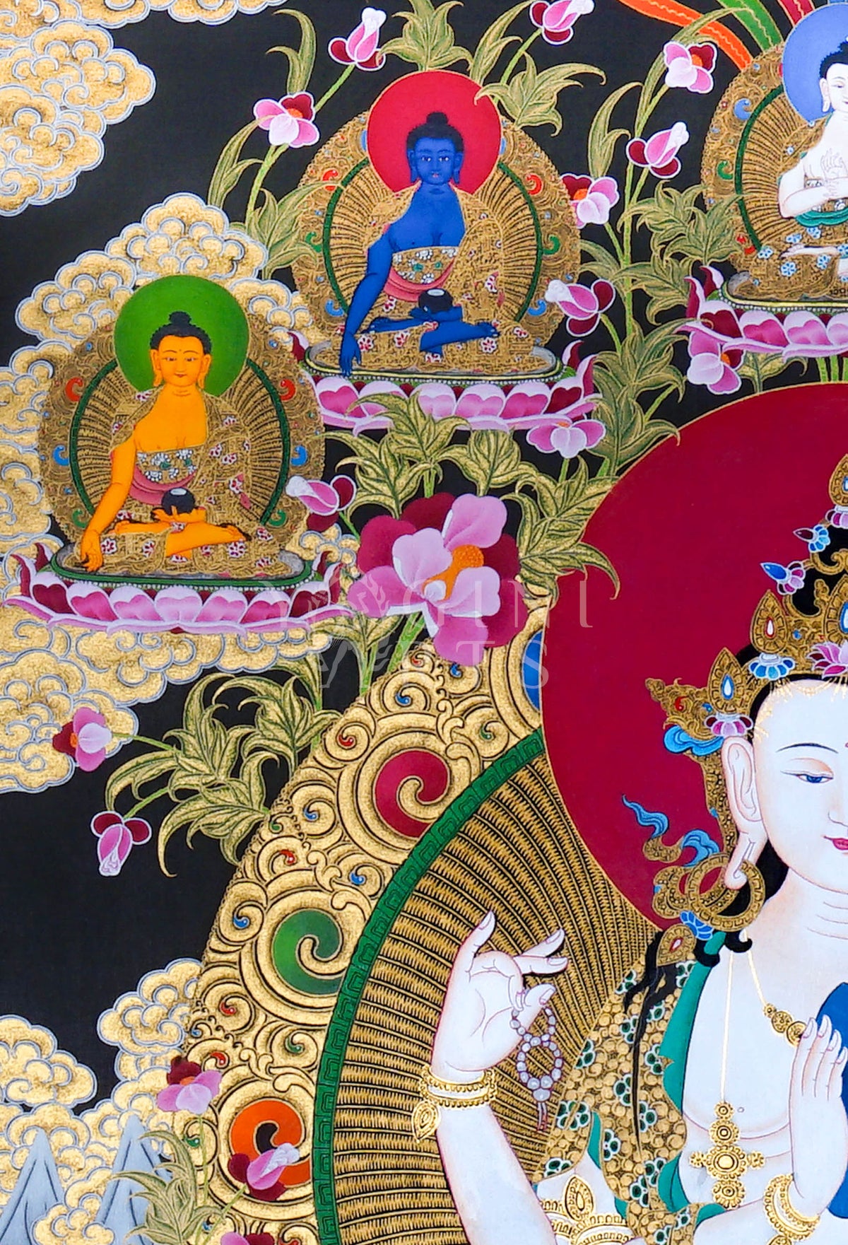 Hand-painted Four-Armed Chenrezig Thangka featuring Avalokiteshvara with the Five Dhyani Buddhas, Manjushri, Mahakala, natural mineral pigments, and gold detailing.