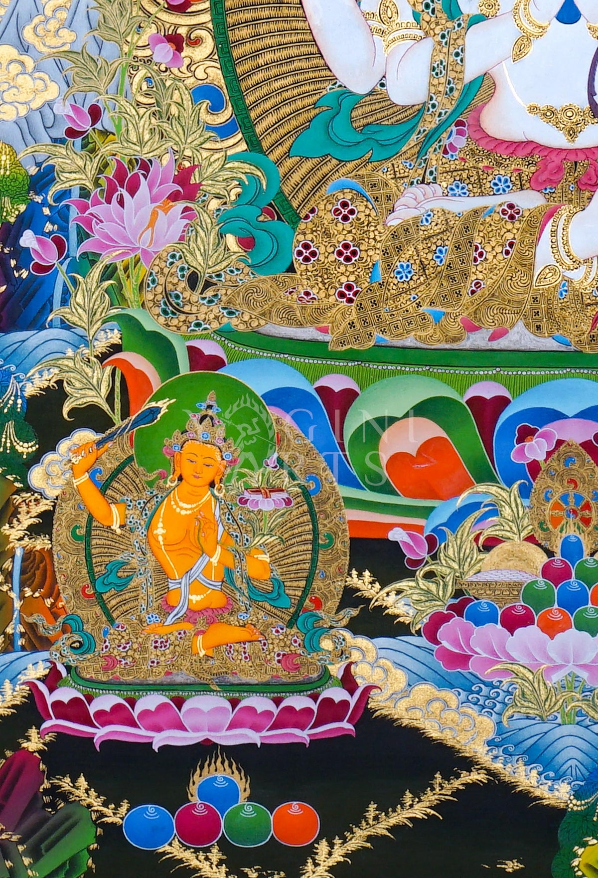 Hand-painted Four-Armed Chenrezig Thangka featuring Avalokiteshvara with the Five Dhyani Buddhas, Manjushri, Mahakala, natural mineral pigments, and gold detailing.