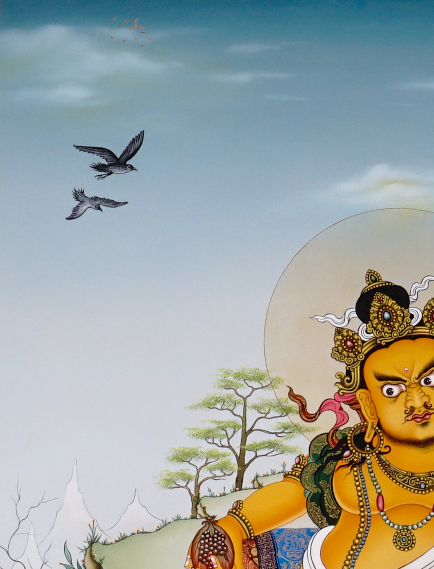 Hand-painted Yellow Dzambhala thangka showing Tibetan wealth deity seated on lotus throne holding mongoose and citron with gold detailing and Himalayan landscape background.