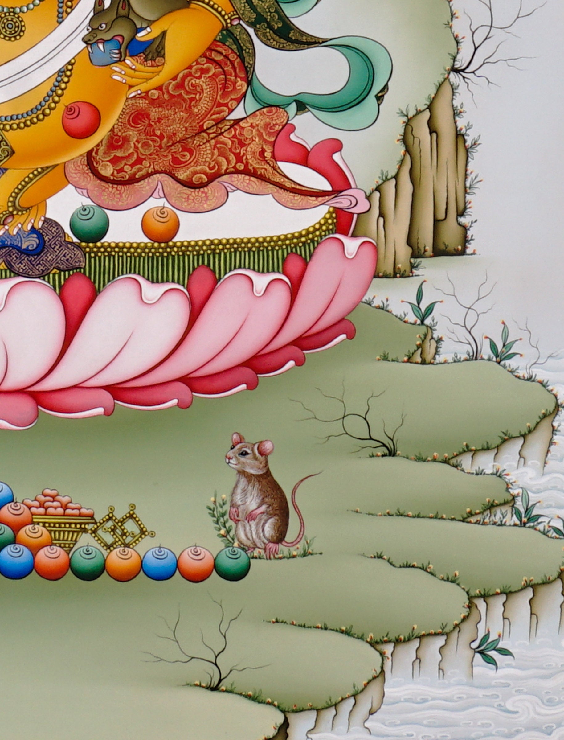 Hand-painted Yellow Dzambhala thangka showing Tibetan wealth deity seated on lotus throne holding mongoose and citron with gold detailing and Himalayan landscape background.
