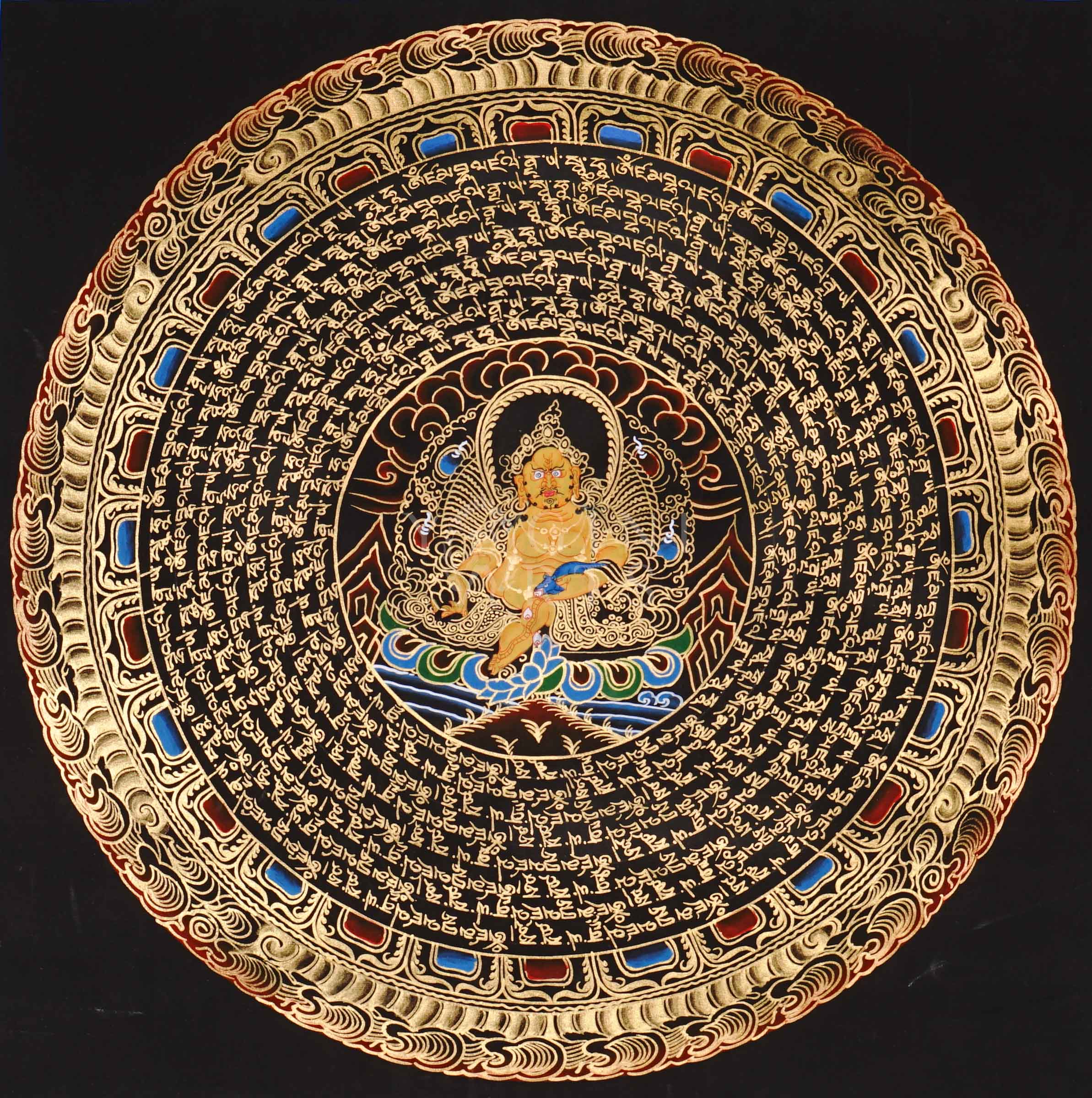 Zambhala mandala thangka featuring a central wealth deity surrounded by circular Tibetan script and intricate gold detailing on black background.