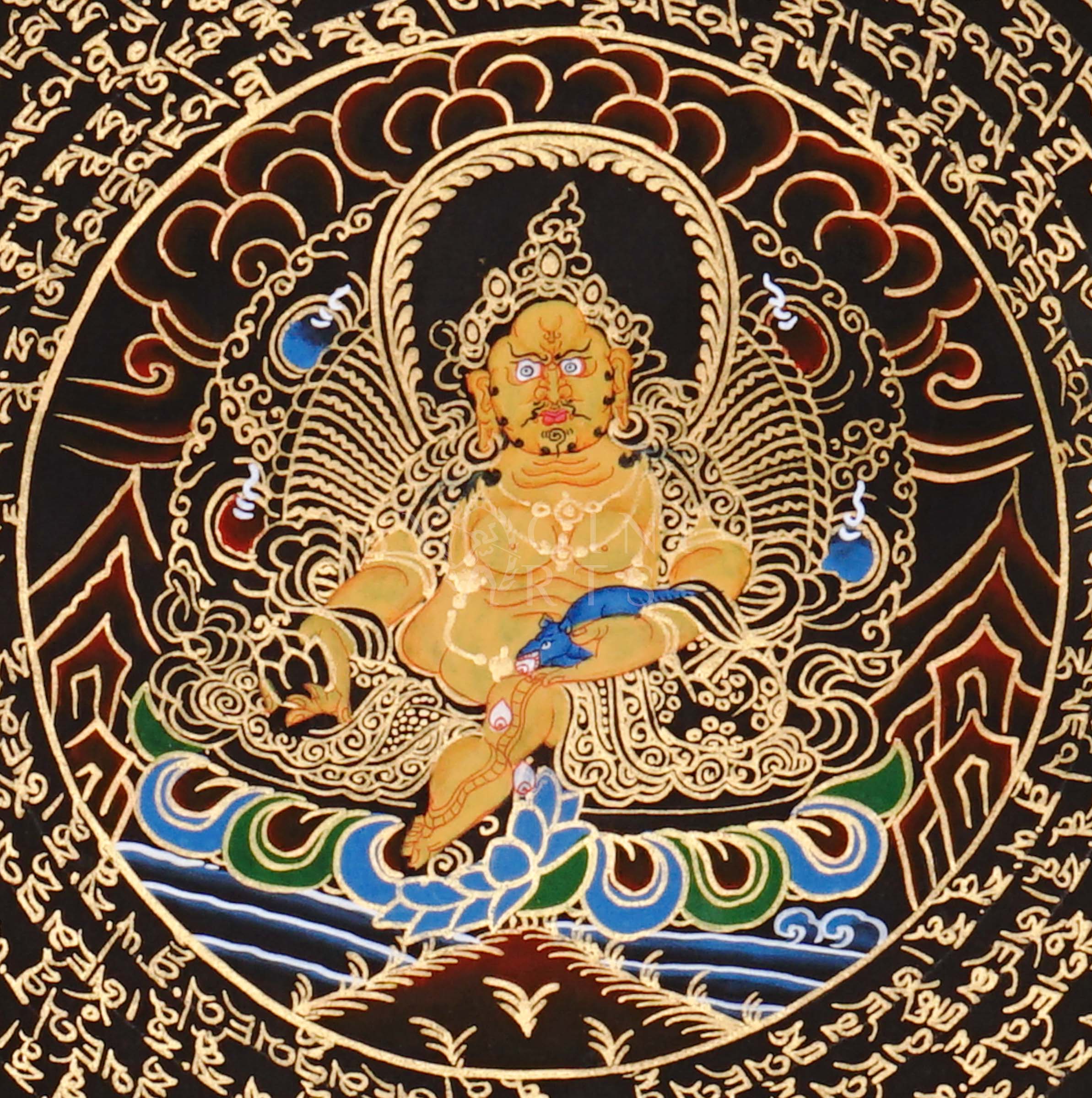 Zambhala mandala thangka featuring a central wealth deity surrounded by circular Tibetan script and intricate gold detailing on black background.