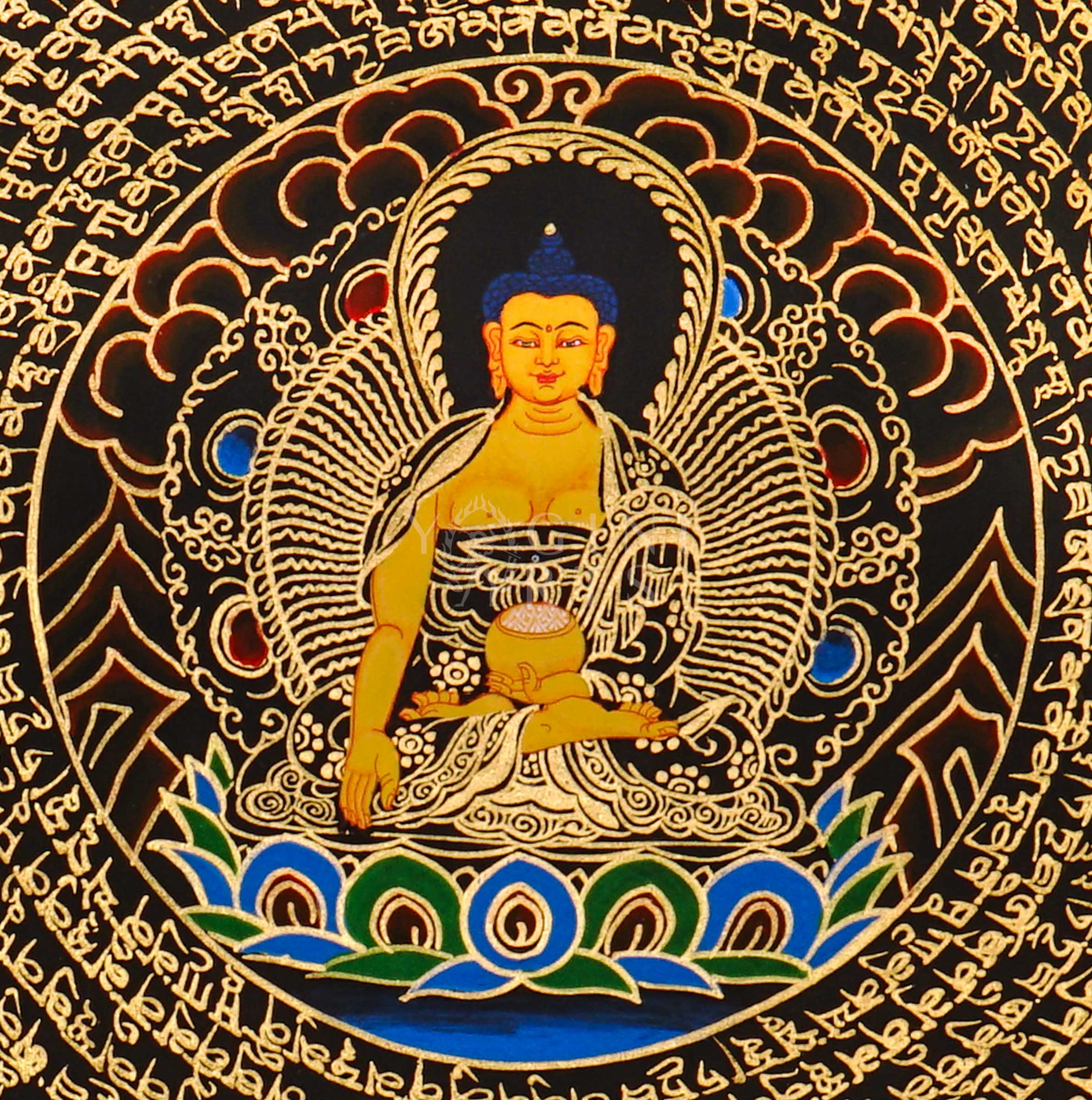 Shakyamuni Buddha mandala thangka featuring a central Buddha figure surrounded by circular Tibetan script and intricate gold detailing on a black background.