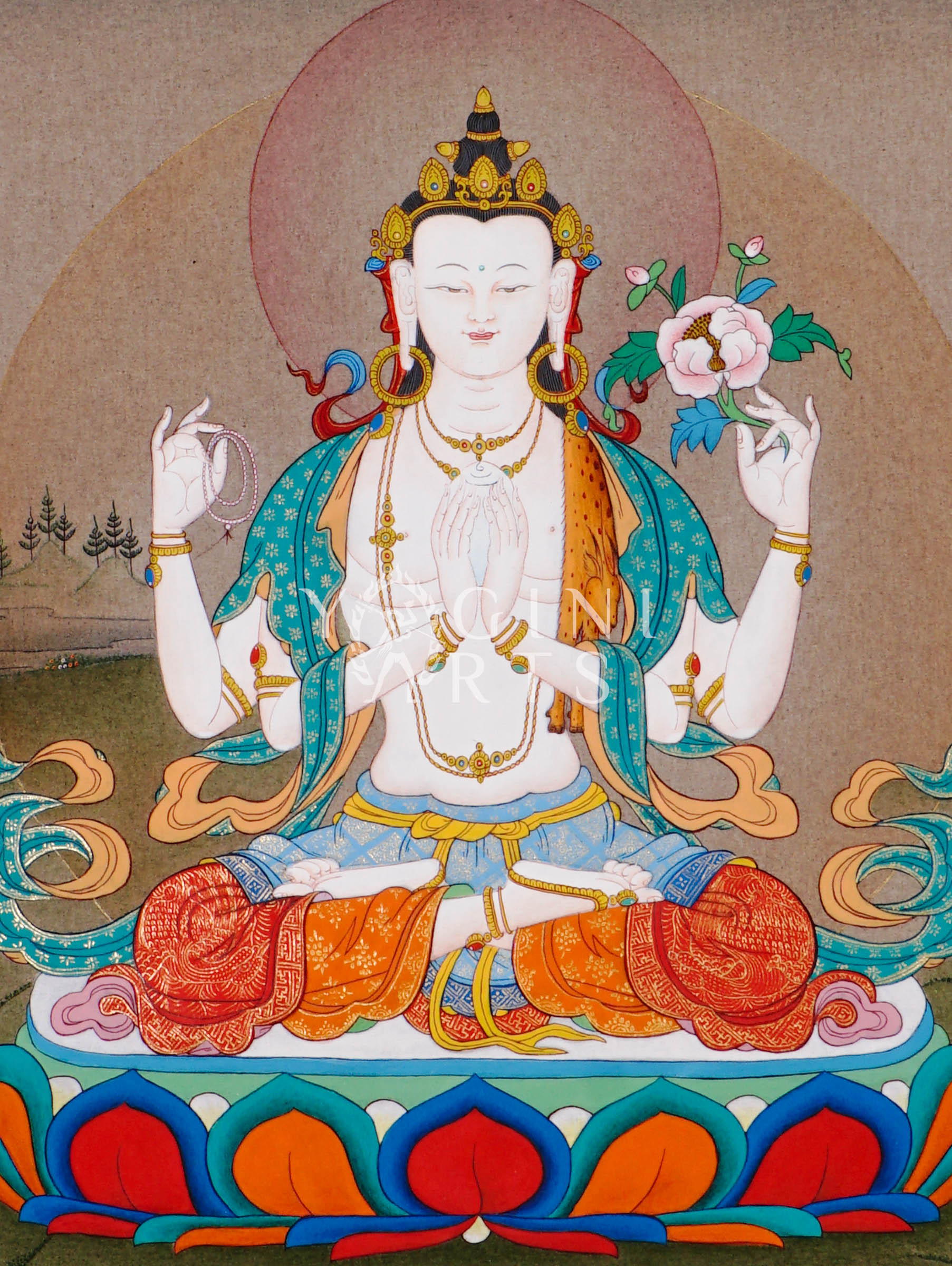 Hand-painted Chenrezig thangka featuring four-armed Avalokiteshvara seated on a lotus throne holding mala beads and lotus flower in a peaceful Himalayan landscape