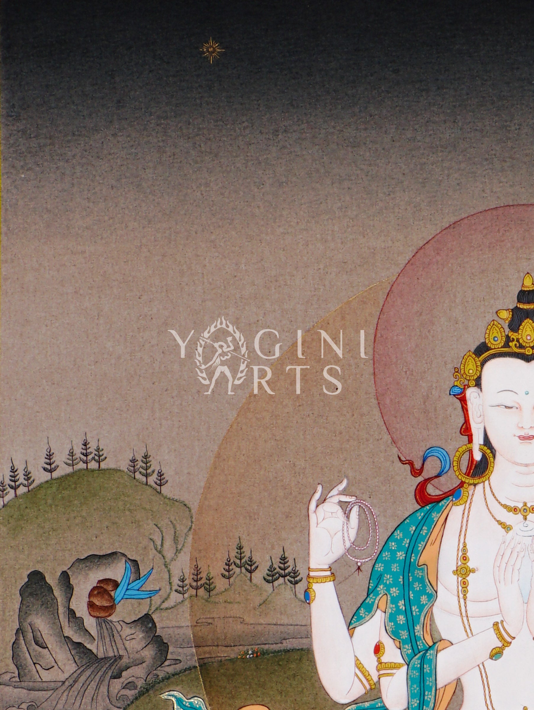Hand-painted Chenrezig thangka featuring four-armed Avalokiteshvara seated on a lotus throne holding mala beads and lotus flower in a peaceful Himalayan landscape