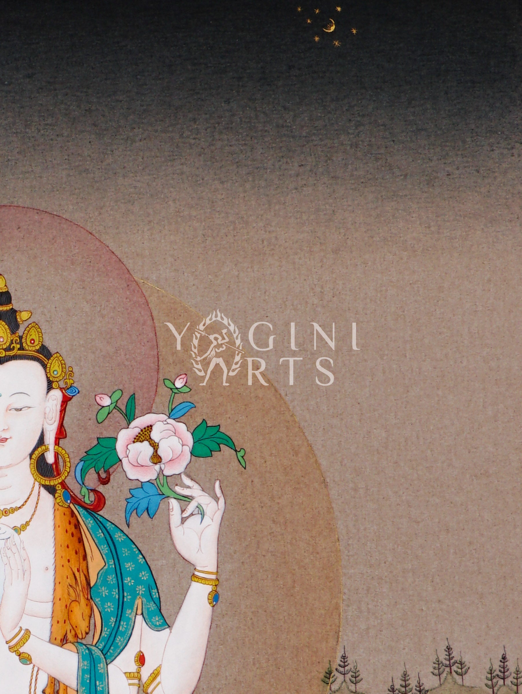 Hand-painted Chenrezig thangka featuring four-armed Avalokiteshvara seated on a lotus throne holding mala beads and lotus flower in a peaceful Himalayan landscape