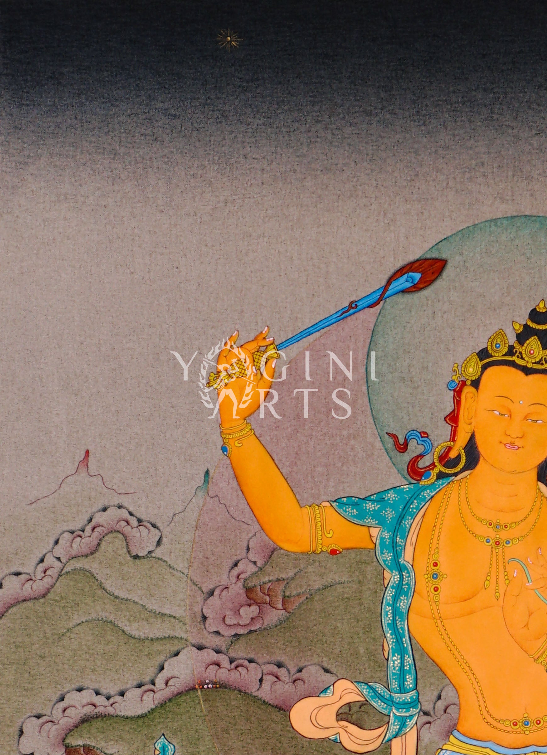 Hand-painted Manjushree thangka featuring the Buddhist wisdom deity seated on a lotus throne holding a flaming sword and lotus scripture in a Himalayan landscape