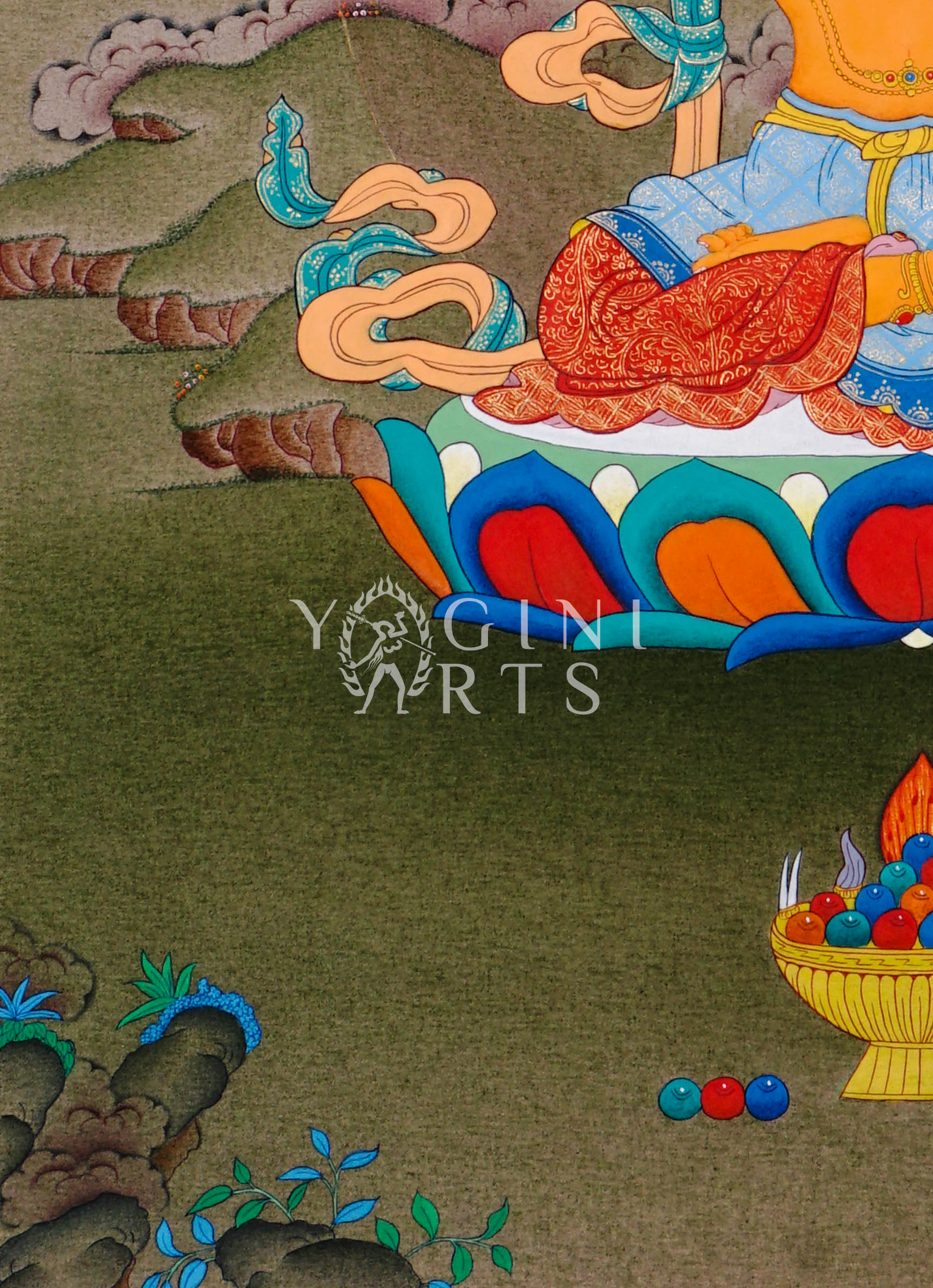 Hand-painted Manjushree thangka featuring the Buddhist wisdom deity seated on a lotus throne holding a flaming sword and lotus scripture in a Himalayan landscape