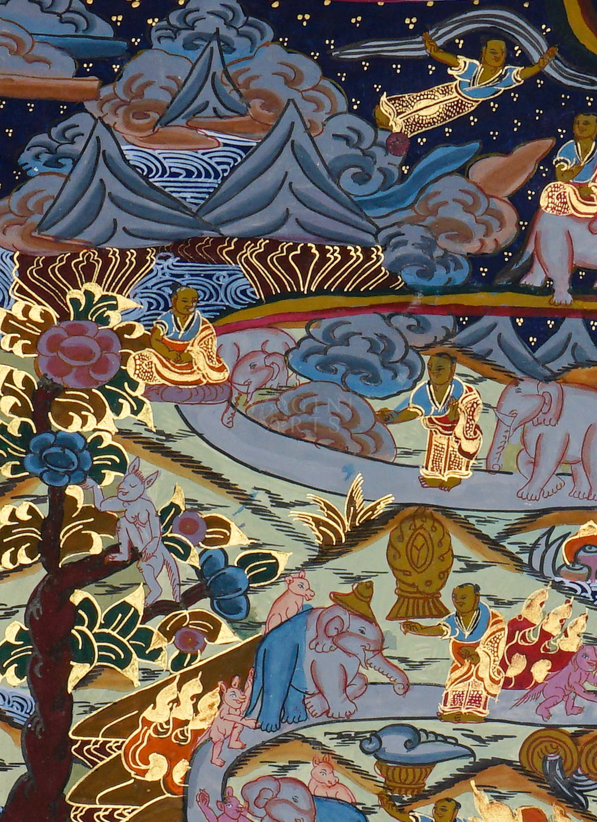 Way to Heaven Thangka painting featuring elephants, attendants, winding mountain paths, rivers, and intricate Himalayan landscape details, 50 x 37 cm