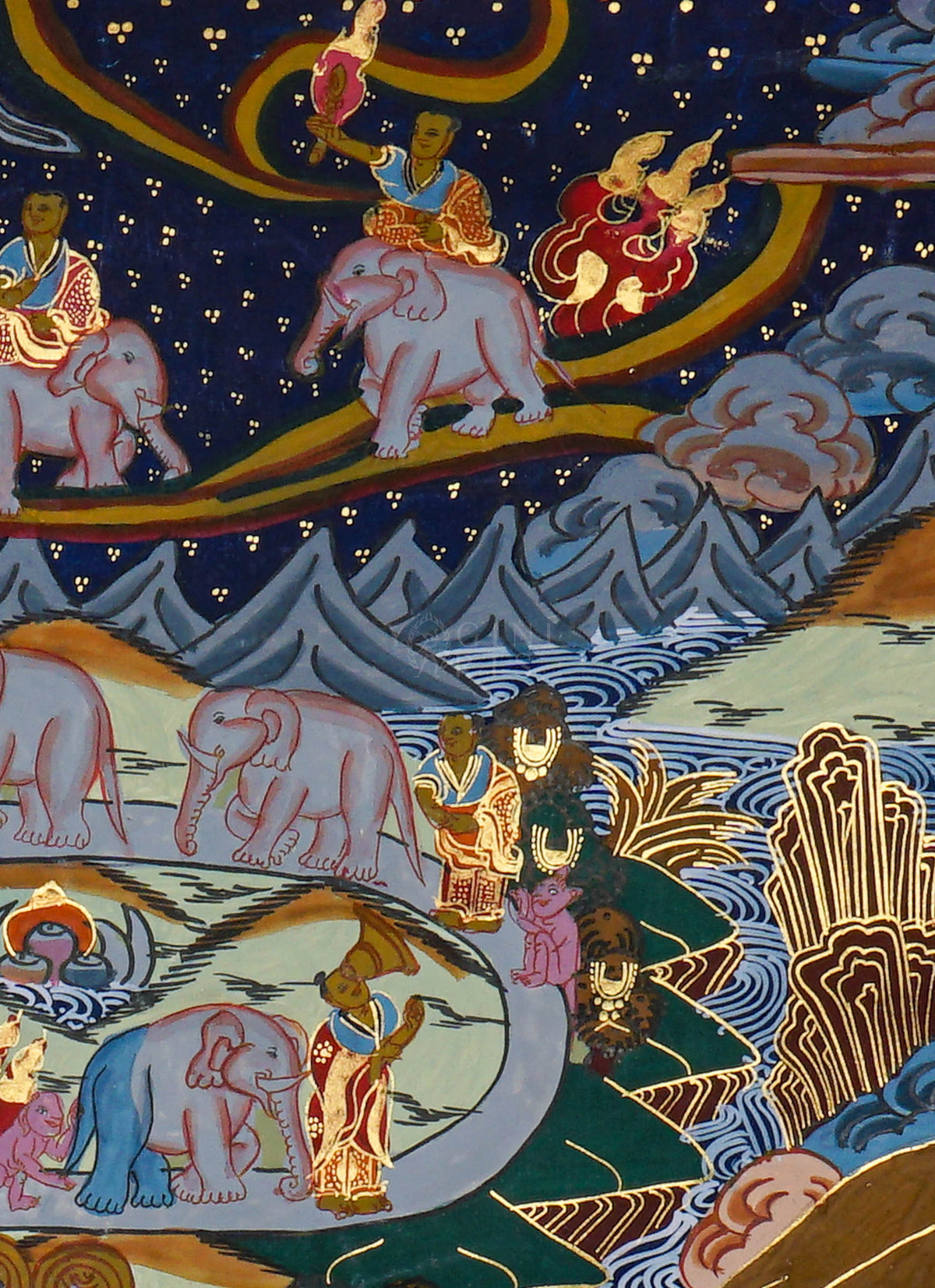 Way to Heaven Thangka painting featuring elephants, attendants, winding mountain paths, rivers, and intricate Himalayan landscape details, 50 x 37 cm