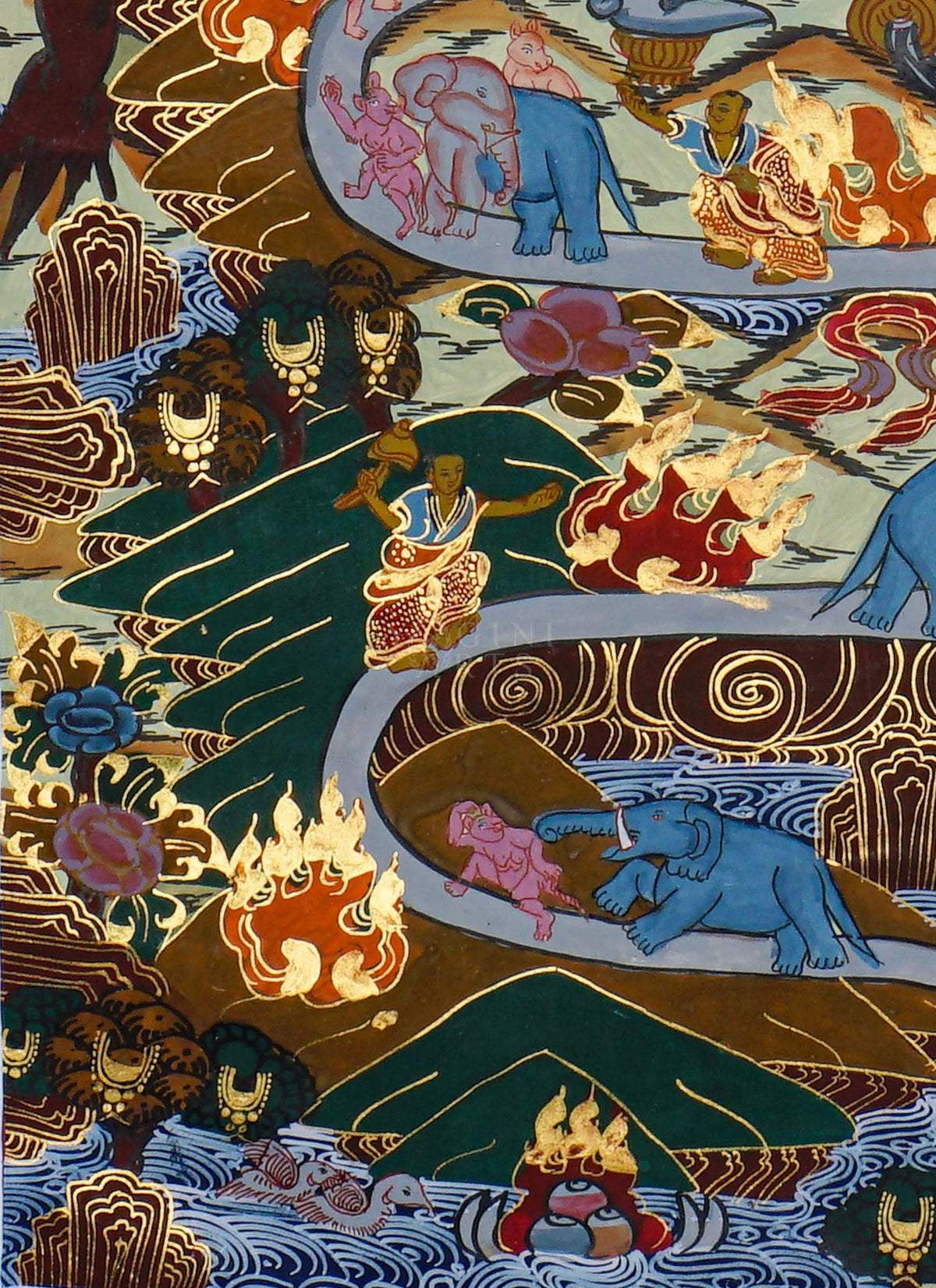 Way to Heaven Thangka painting featuring elephants, attendants, winding mountain paths, rivers, and intricate Himalayan landscape details, 50 x 37 cm