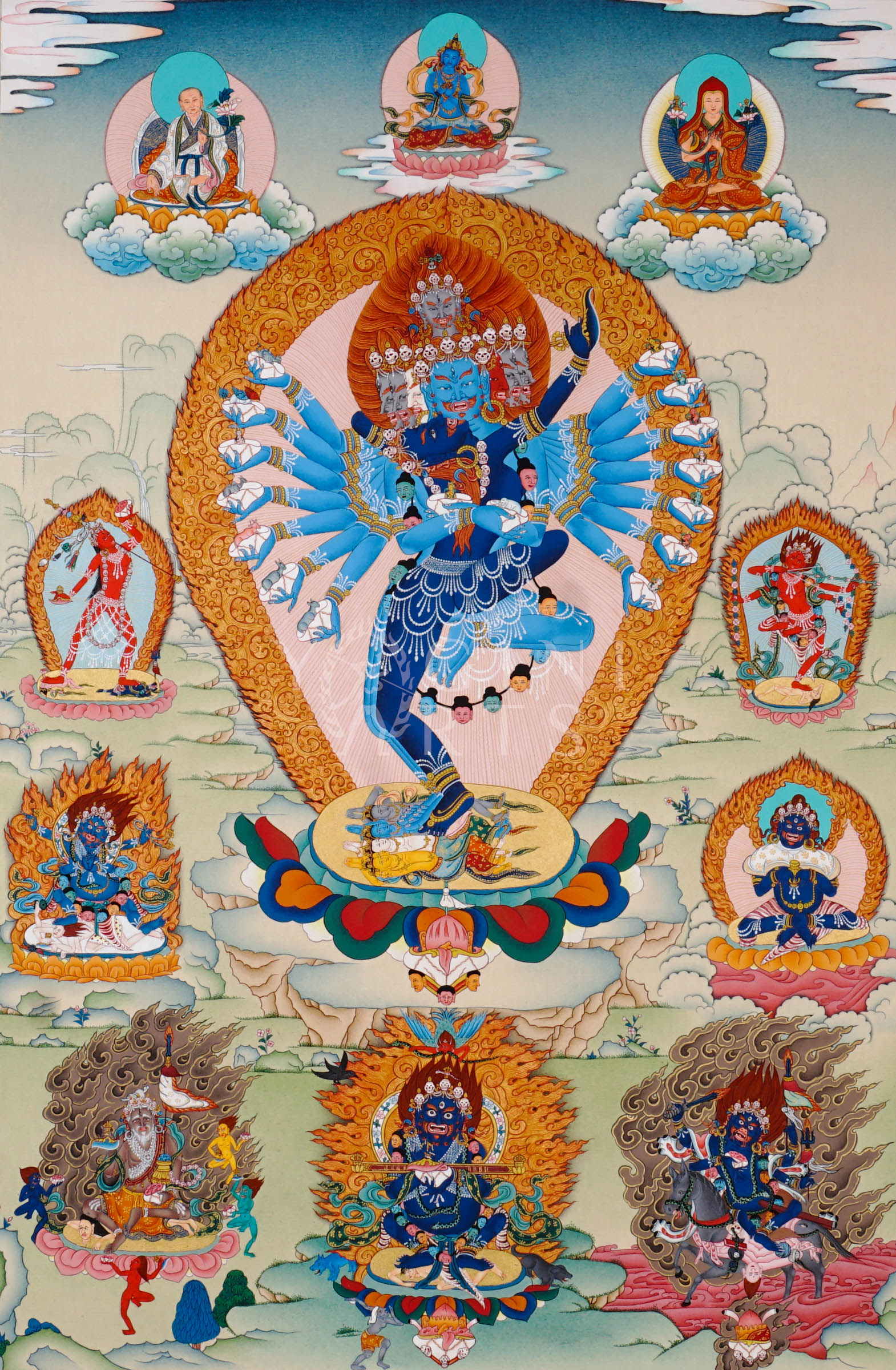 Hayagriva thangka featuring a wrathful multi-armed blue Buddhist protector deity surrounded by flames and attendant Vajrayana figures