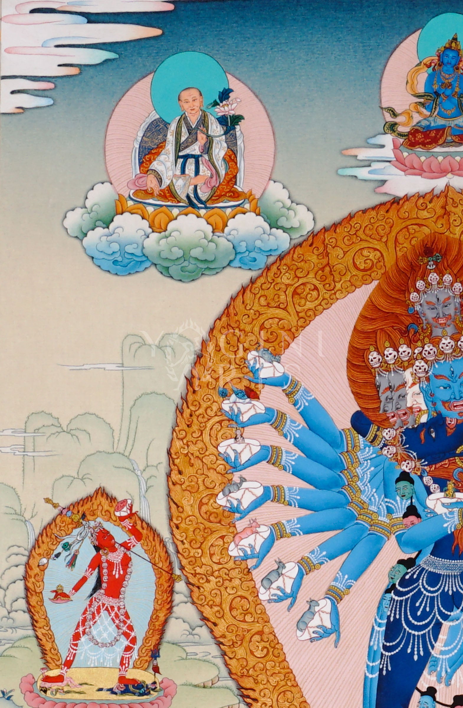 Hayagriva thangka featuring a wrathful multi-armed blue Buddhist protector deity surrounded by flames and attendant Vajrayana figures