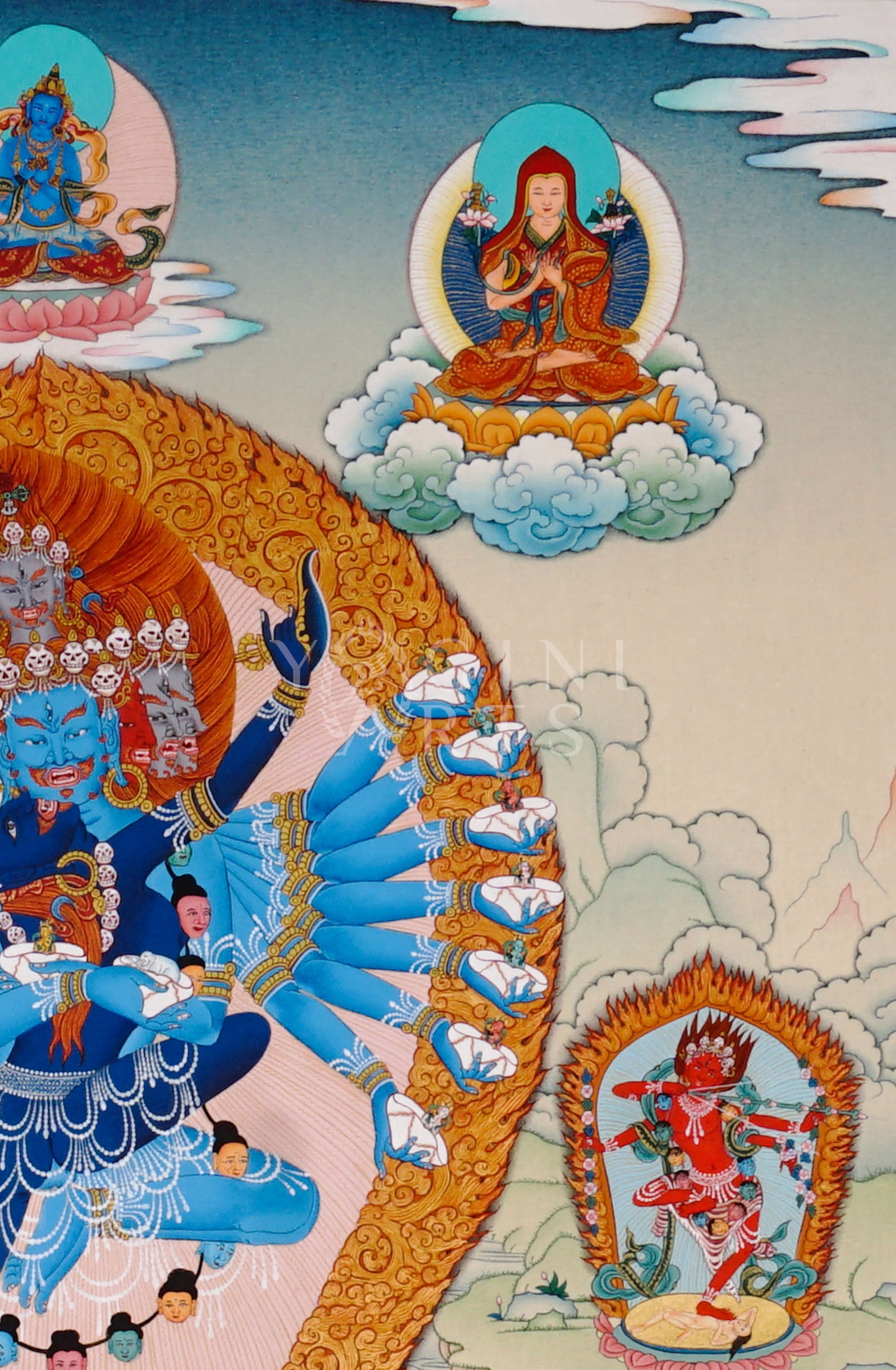 Hayagriva thangka featuring a wrathful multi-armed blue Buddhist protector deity surrounded by flames and attendant Vajrayana figures