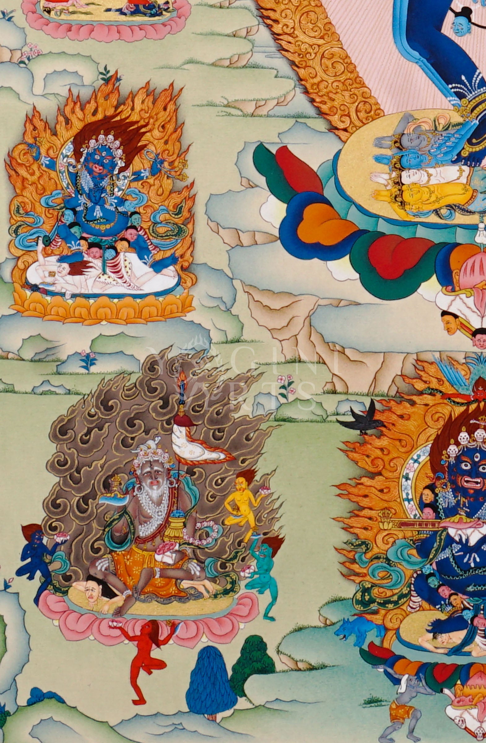 Hayagriva thangka featuring a wrathful multi-armed blue Buddhist protector deity surrounded by flames and attendant Vajrayana figures