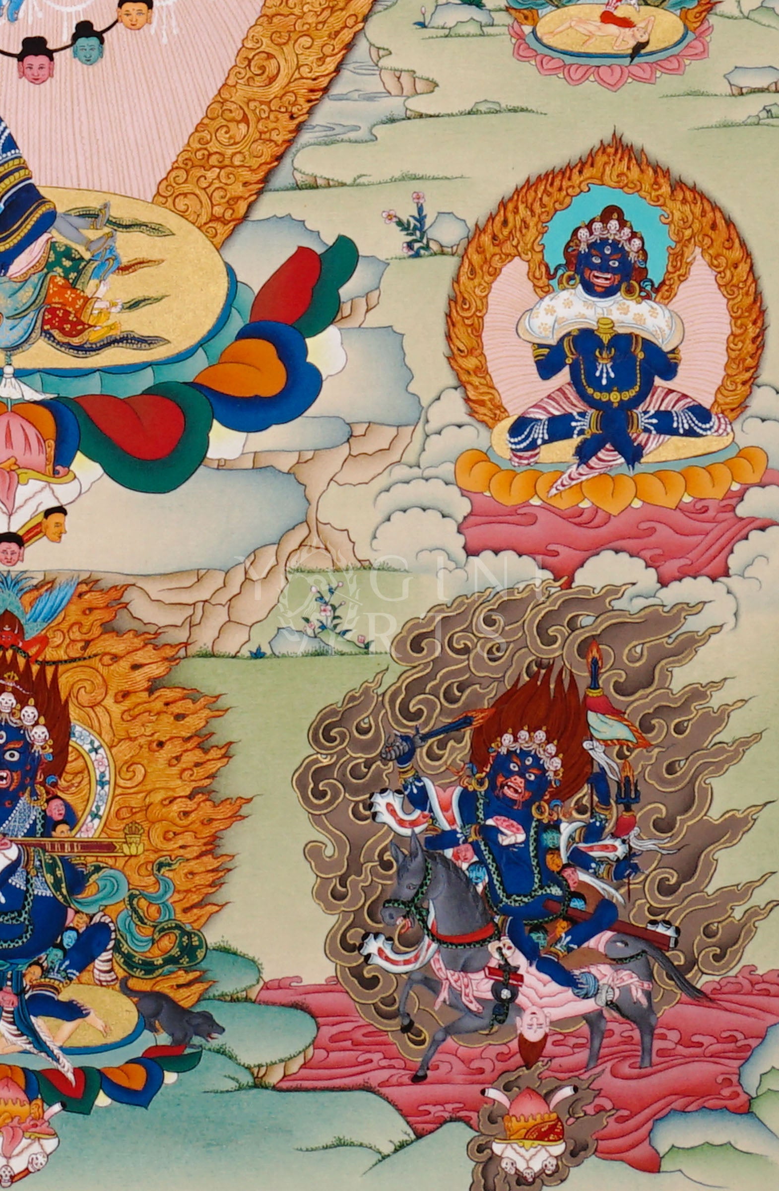 Hayagriva thangka featuring a wrathful multi-armed blue Buddhist protector deity surrounded by flames and attendant Vajrayana figures