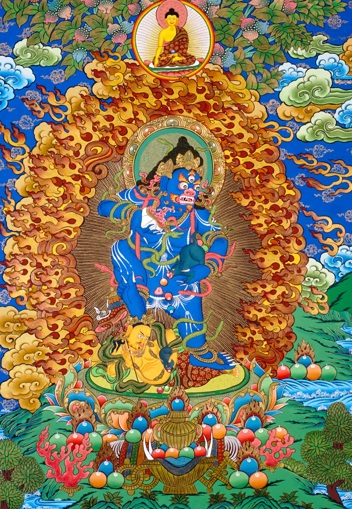 Black Zambhala thangka with Buddha above, flames, mongoose, and subdued figure.