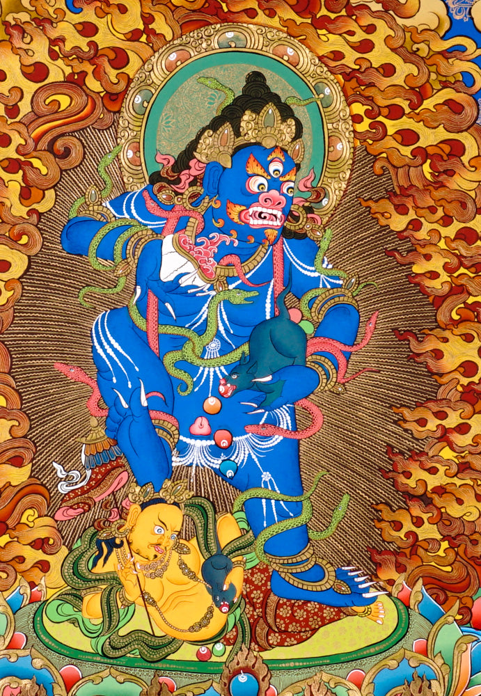 Black Zambhala thangka with Buddha above, flames, mongoose, and subdued figure.