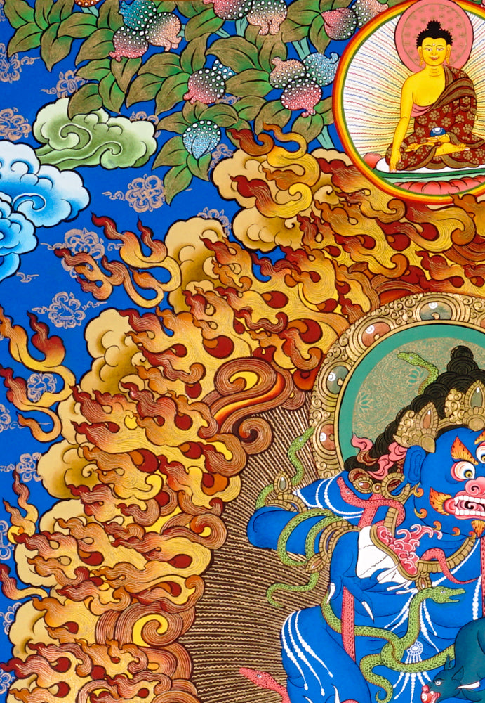 Black Zambhala thangka with Buddha above, flames, mongoose, and subdued figure.