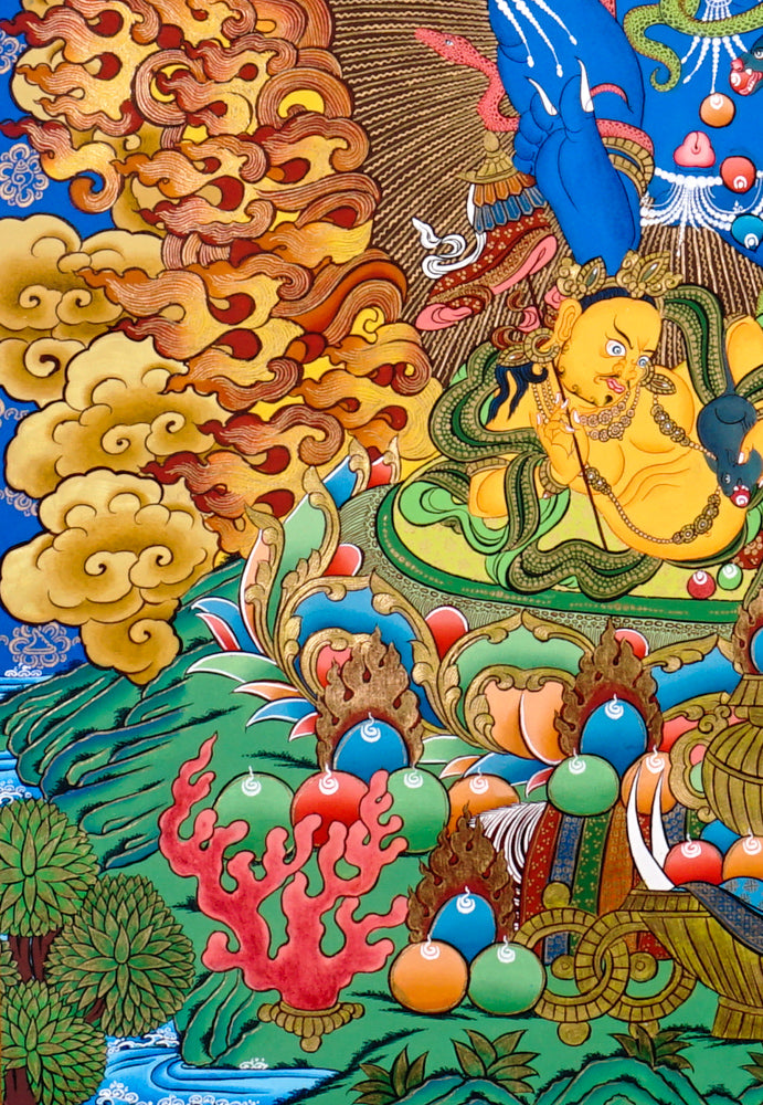 Black Zambhala thangka with Buddha above, flames, mongoose, and subdued figure.