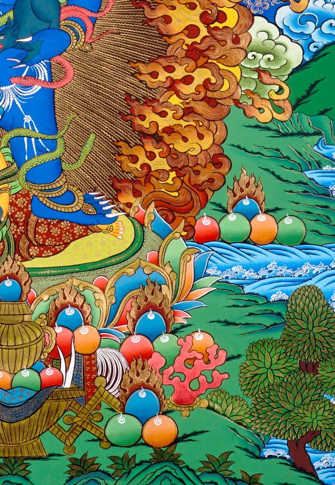 Black Zambhala thangka with Buddha above, flames, mongoose, and subdued figure.
