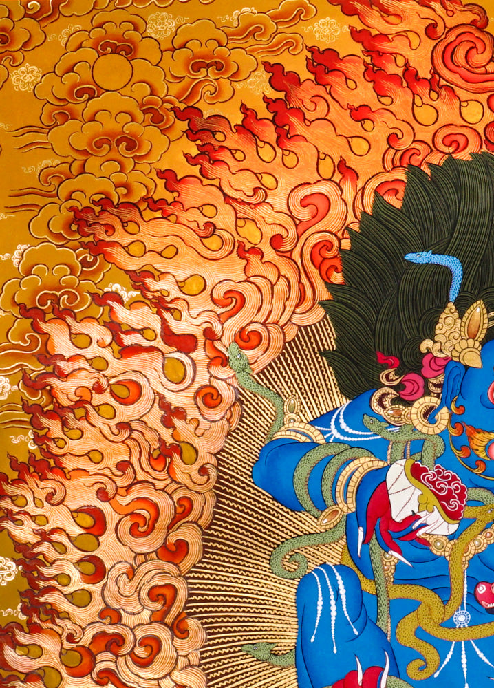 Black Zambhala thangka with flames, serpents, mongoose, and subdued figure.