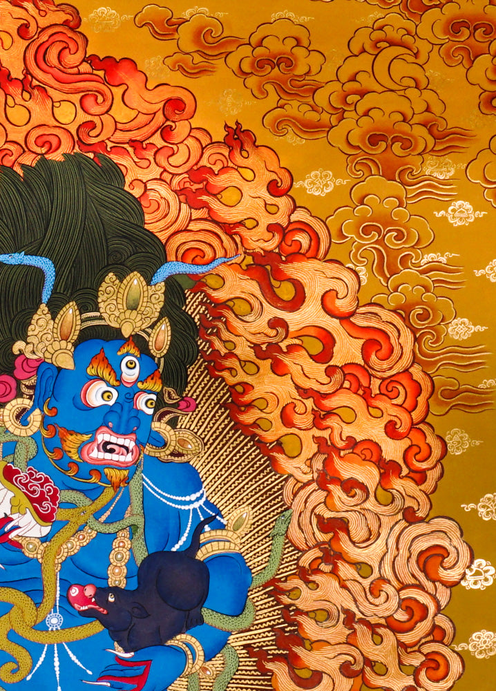 Black Zambhala thangka with flames, serpents, mongoose, and subdued figure.