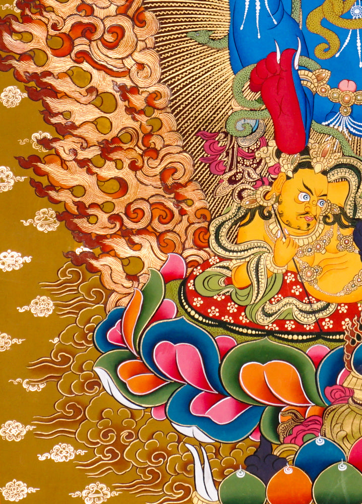Black Zambhala thangka with flames, serpents, mongoose, and subdued figure.