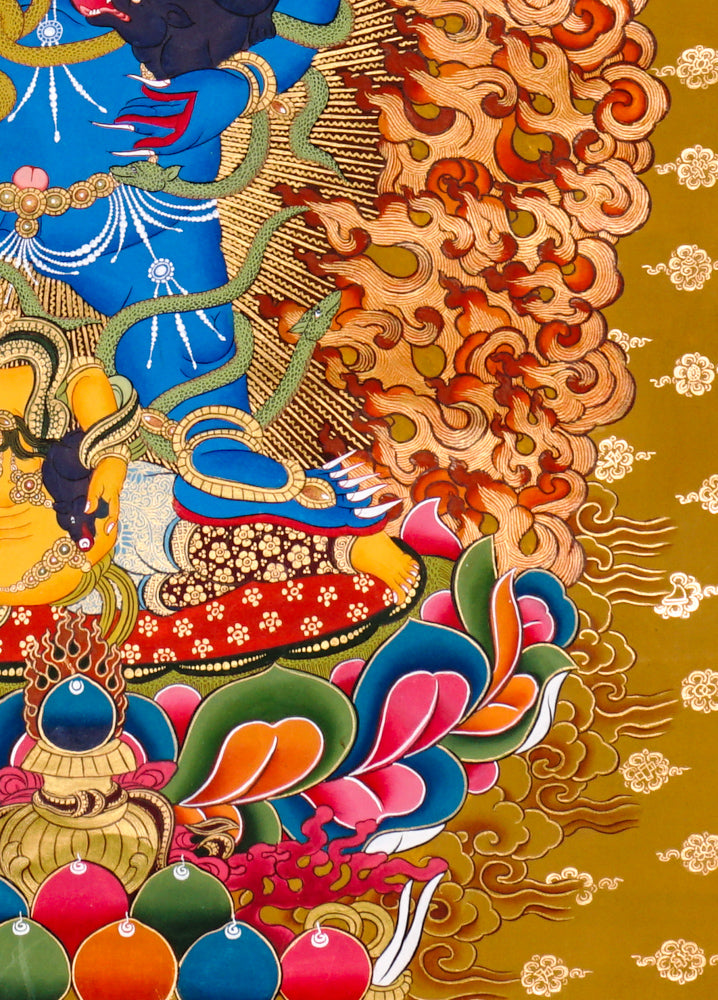 Black Zambhala thangka with flames, serpents, mongoose, and subdued figure.