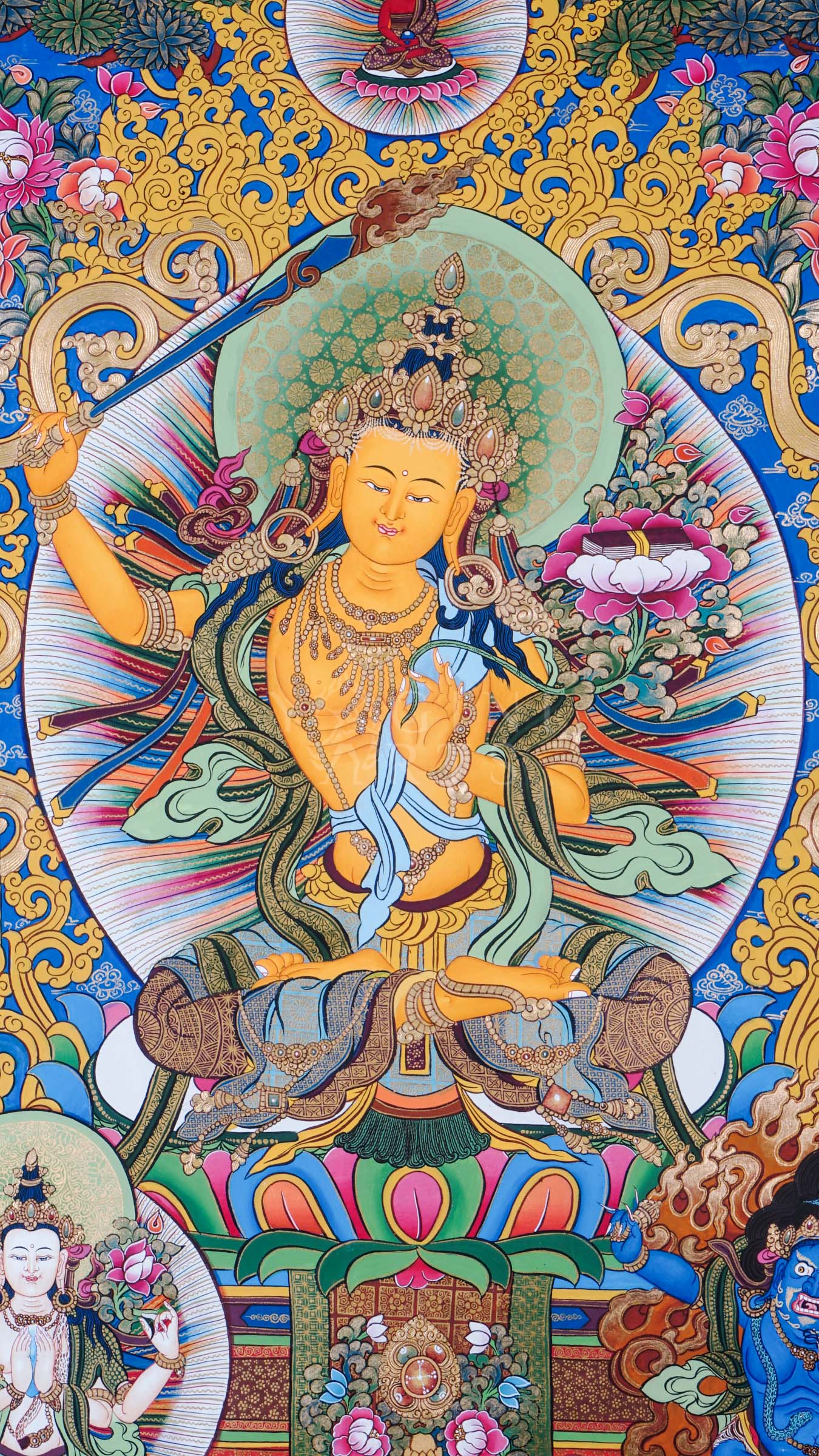 Manjushree Bodhisattva holding the flaming sword of wisdom and lotus scripture surrounded by sacred Himalayan Buddhist symbolism