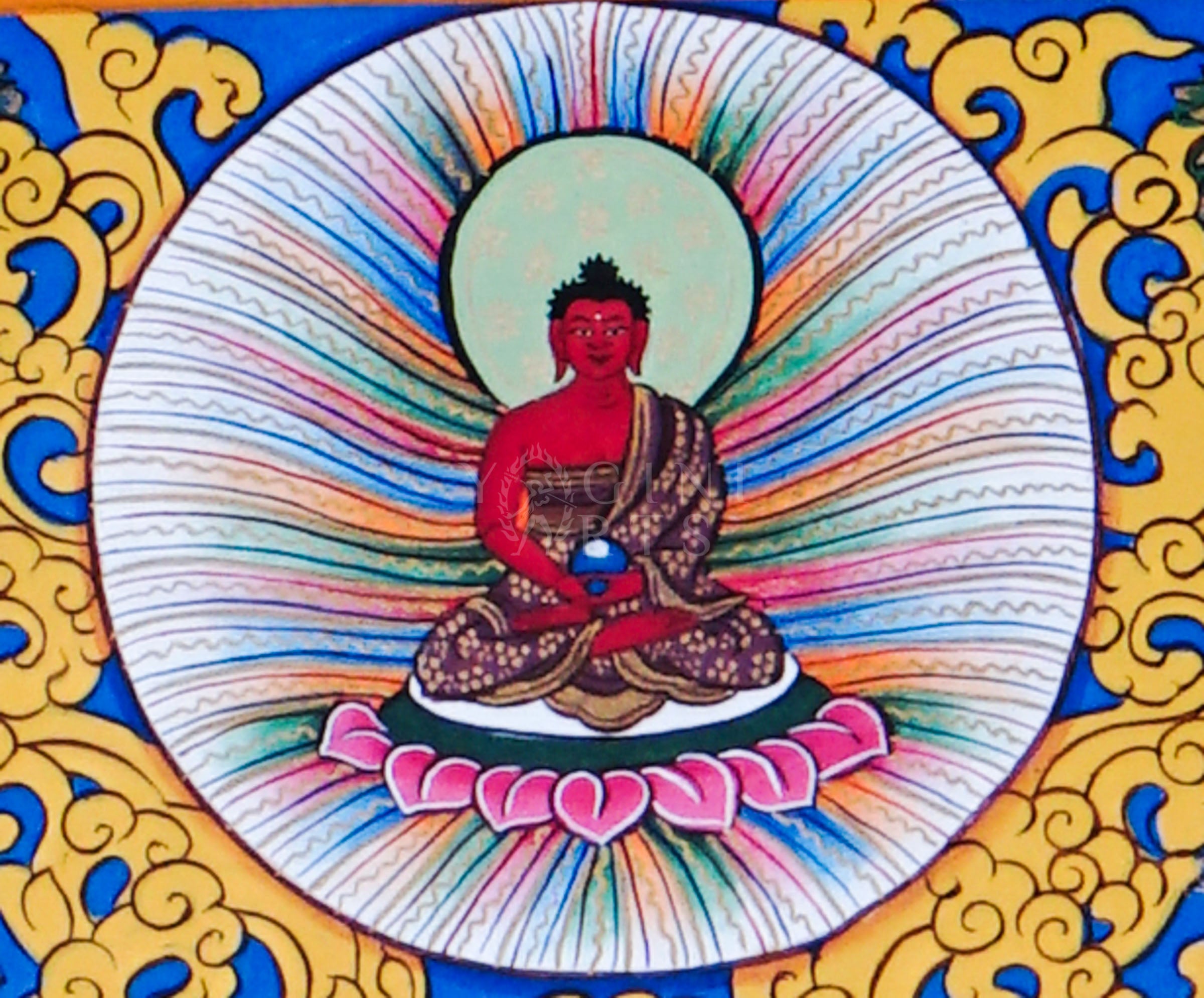 Manjushree Bodhisattva holding the flaming sword of wisdom and lotus scripture surrounded by sacred Himalayan Buddhist symbolism