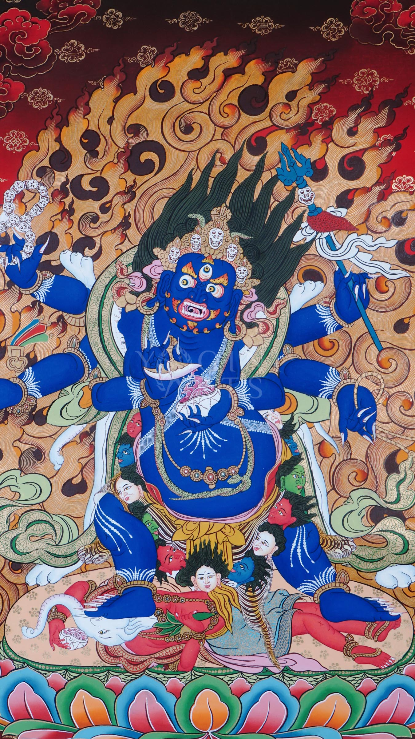 Hand-painted Tibetan thangka of Six-Armed Mahakala wrathful Buddhist protector deity surrounded by flames and sacred tantric symbolism