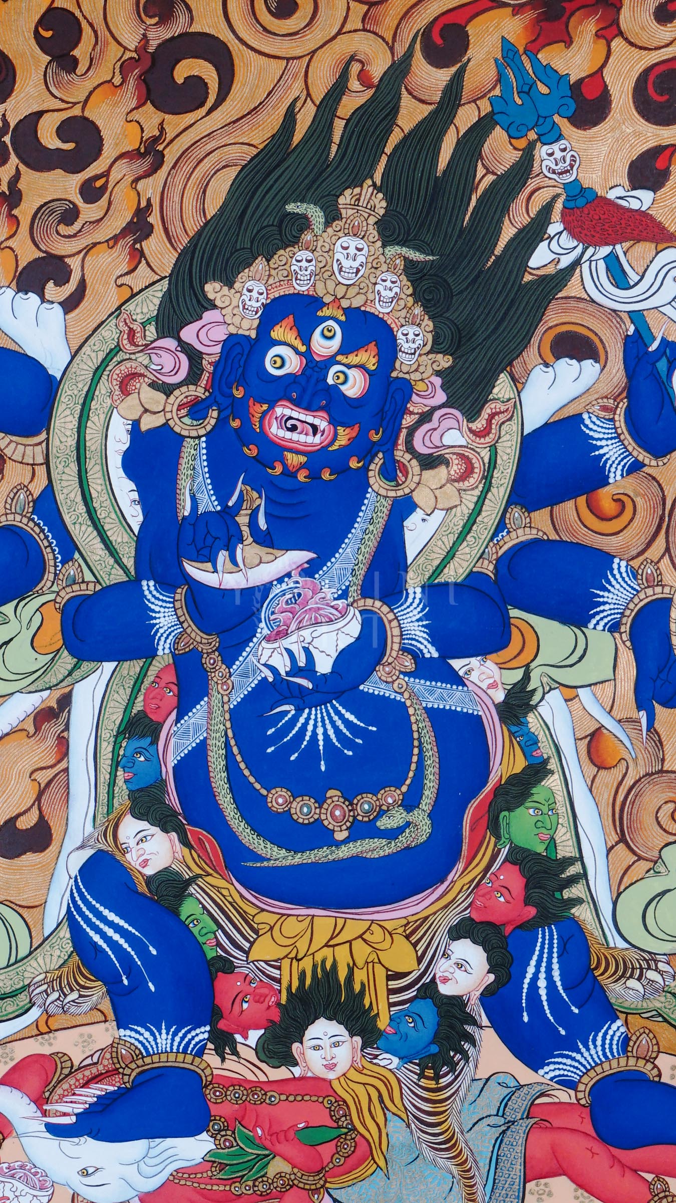 Hand-painted Tibetan thangka of Six-Armed Mahakala wrathful Buddhist protector deity surrounded by flames and sacred tantric symbolism