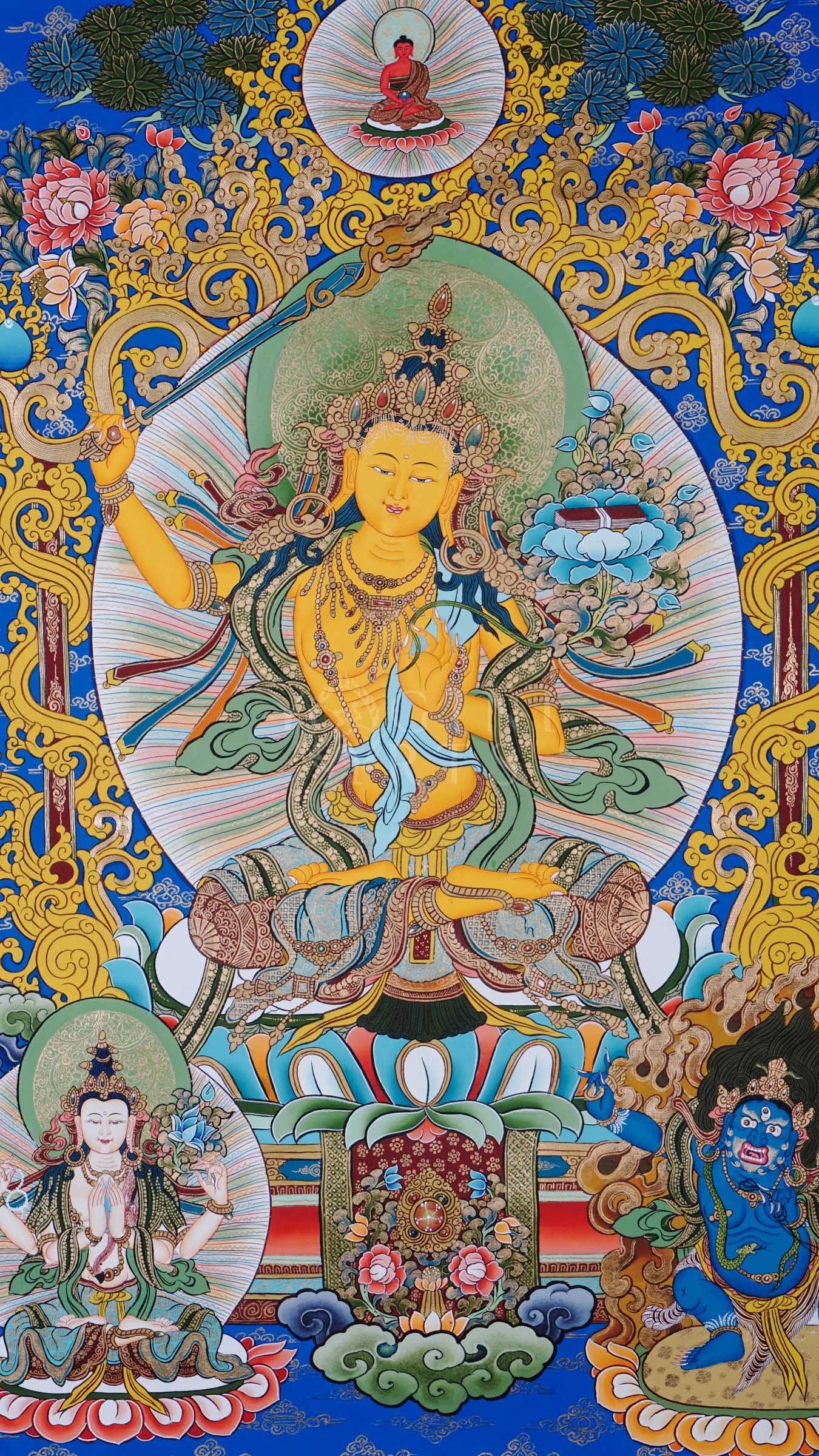 Manjushree Bodhisattva holding wisdom sword and lotus scripture surrounded by sacred floral motifs