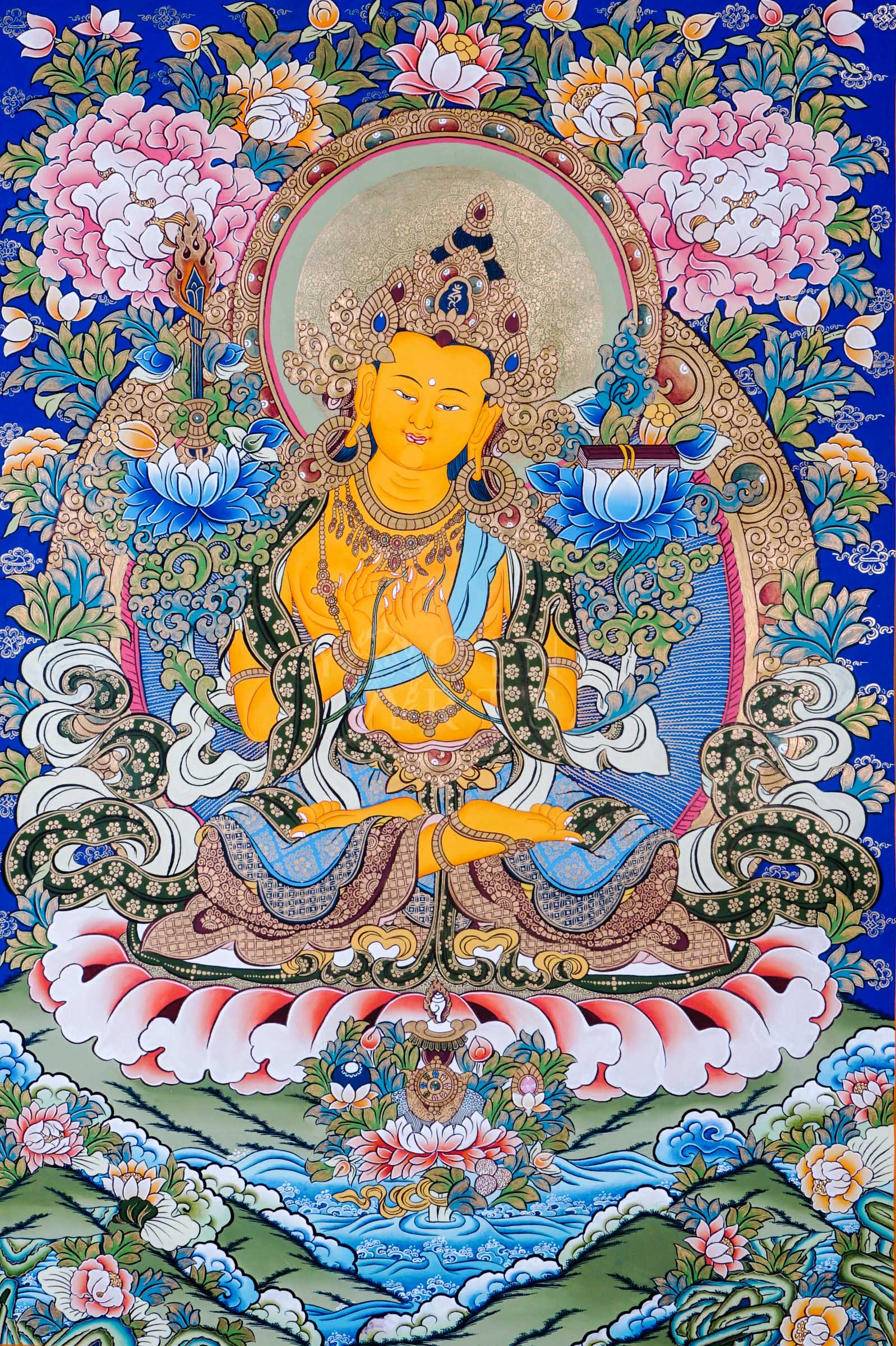 Manjushree Bodhisattva with wisdom sword and lotus scripture surrounded by sacred floral motifs and traditional Himalayan ornamentation.