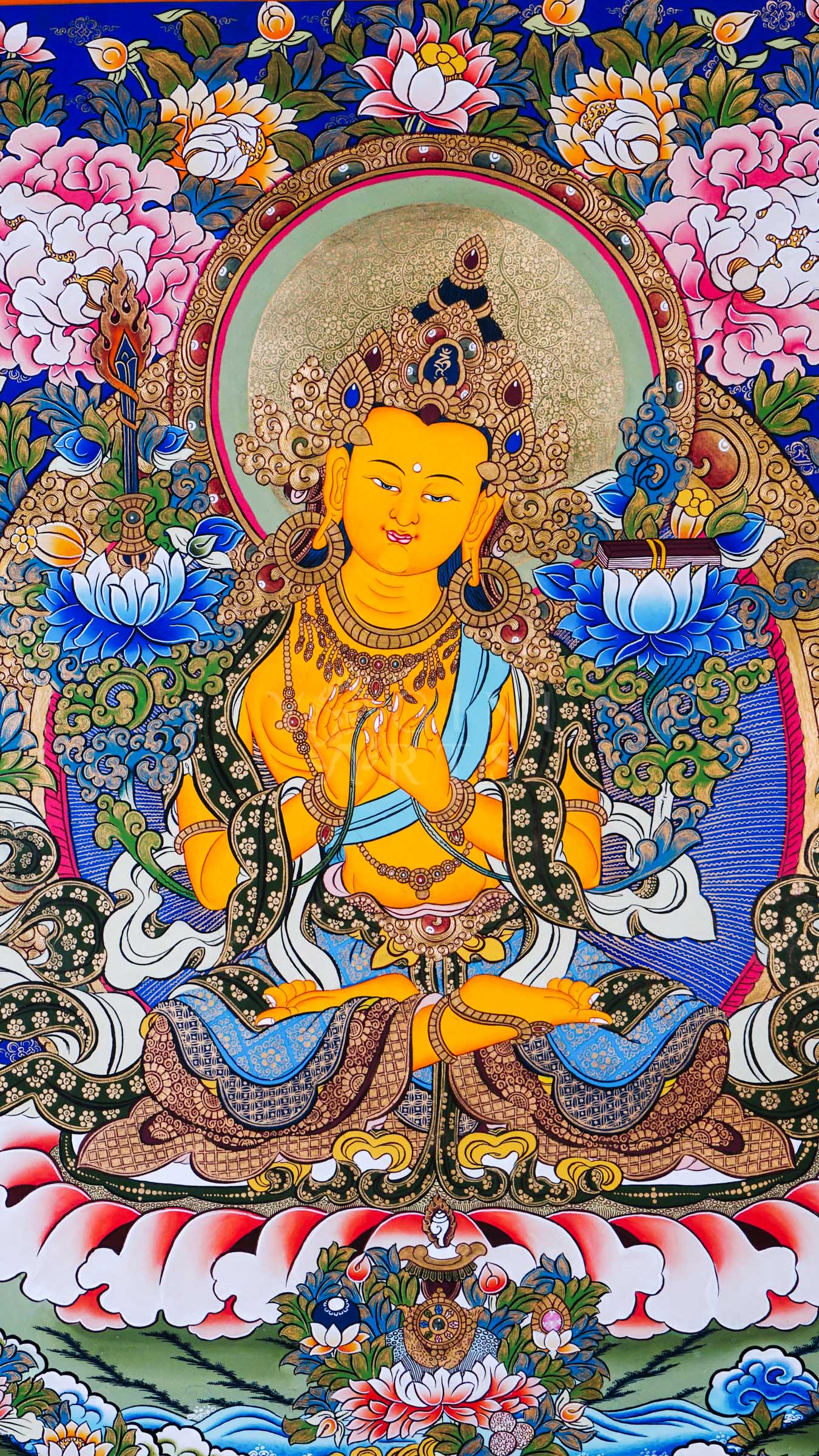 Manjushree Bodhisattva with wisdom sword and lotus scripture surrounded by sacred floral motifs and traditional Himalayan ornamentation.