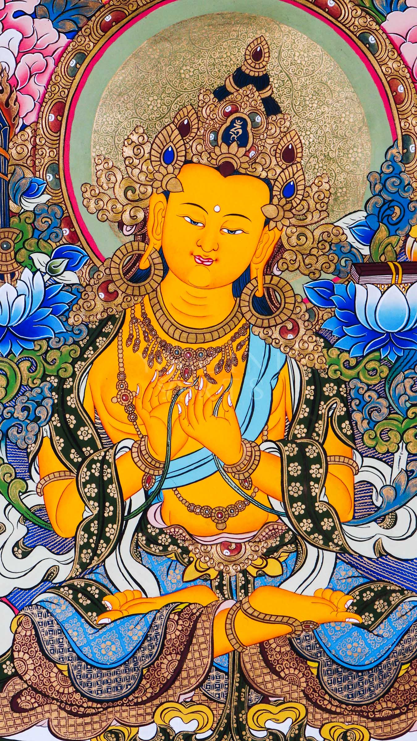 Manjushree Bodhisattva with wisdom sword and lotus scripture surrounded by sacred floral motifs and traditional Himalayan ornamentation.