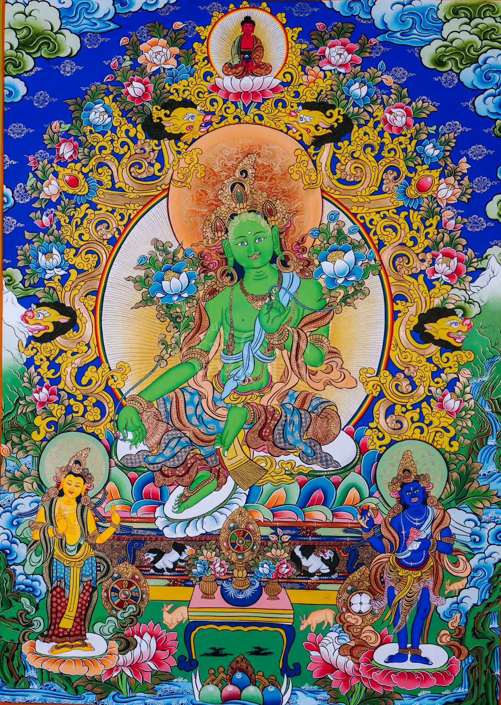 Green Tara seated on a lotus throne surrounded by sacred floral motifs and traditional Himalayan Buddhist ornamentation.