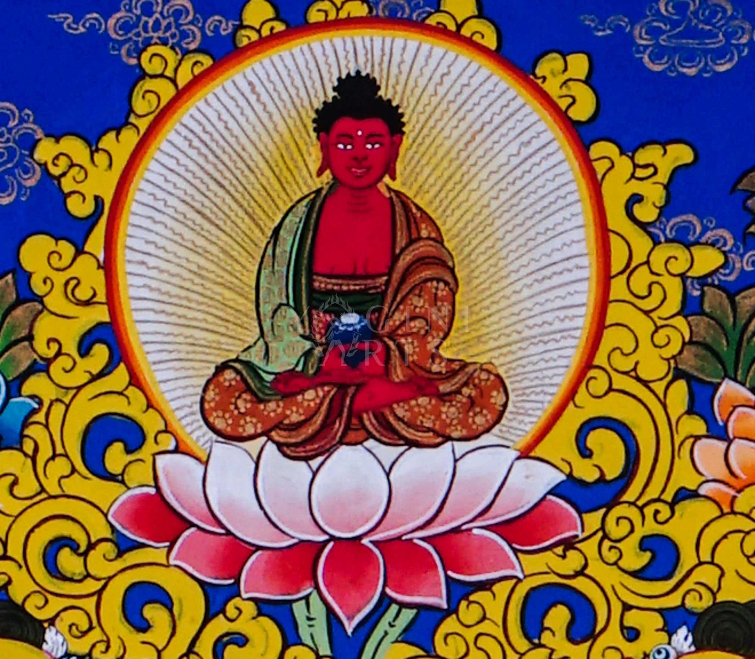 Green Tara seated on a lotus throne surrounded by sacred floral motifs and traditional Himalayan Buddhist ornamentation.