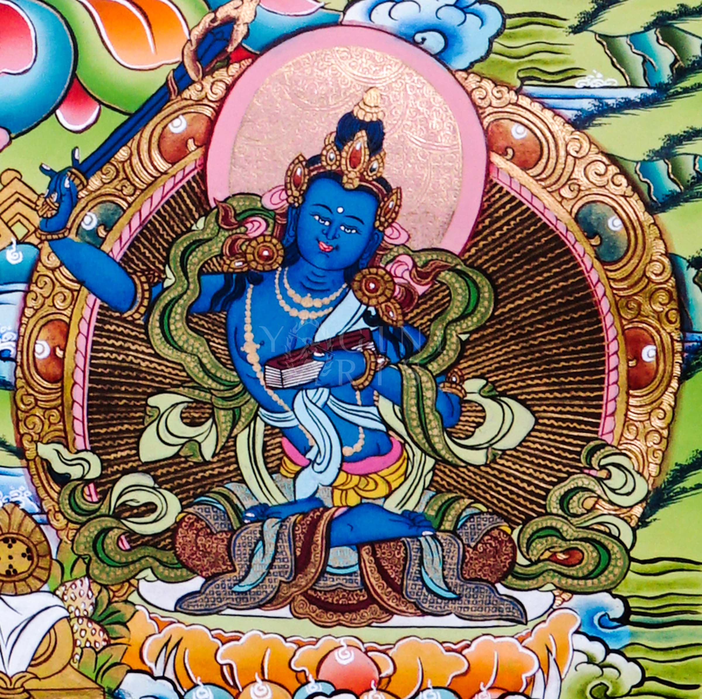 Hand-painted Tibetan thangka of Five Forms of Manjushree seated on a snow lion surrounded by enlightened manifestations, sacred lotus motifs, and traditional Himalayan ornamentation.