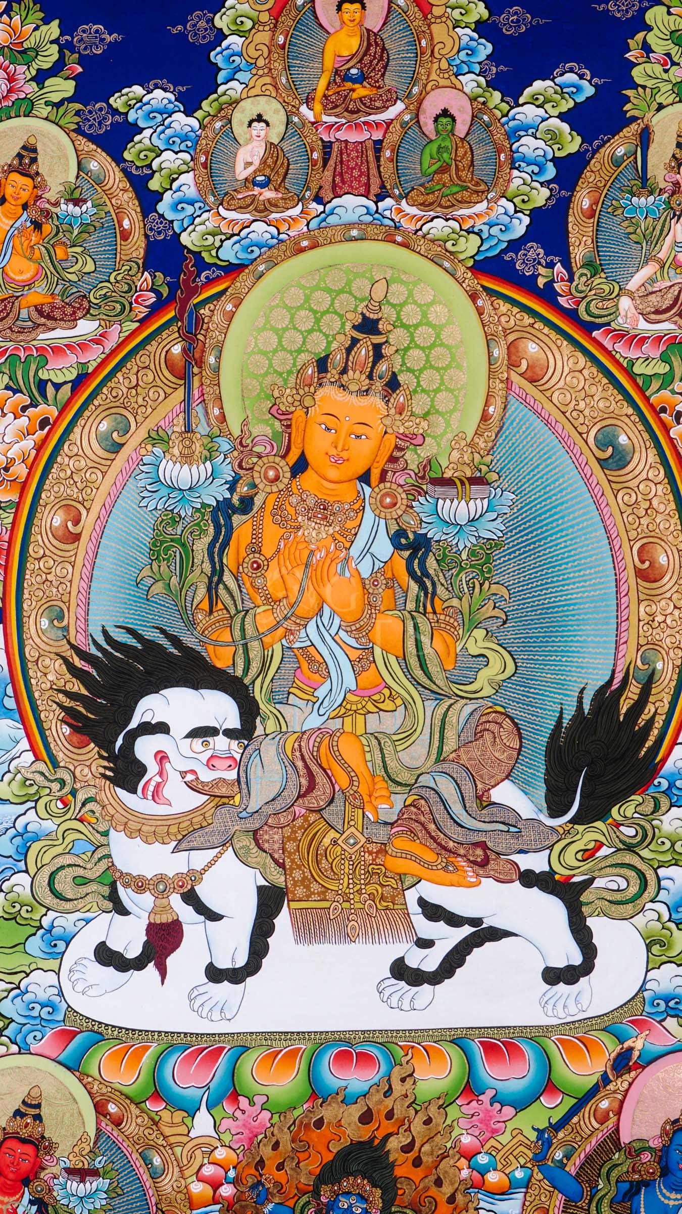 Hand-painted Tibetan thangka of Five Forms of Manjushree seated on a snow lion surrounded by enlightened manifestations, sacred lotus motifs, and traditional Himalayan ornamentation.