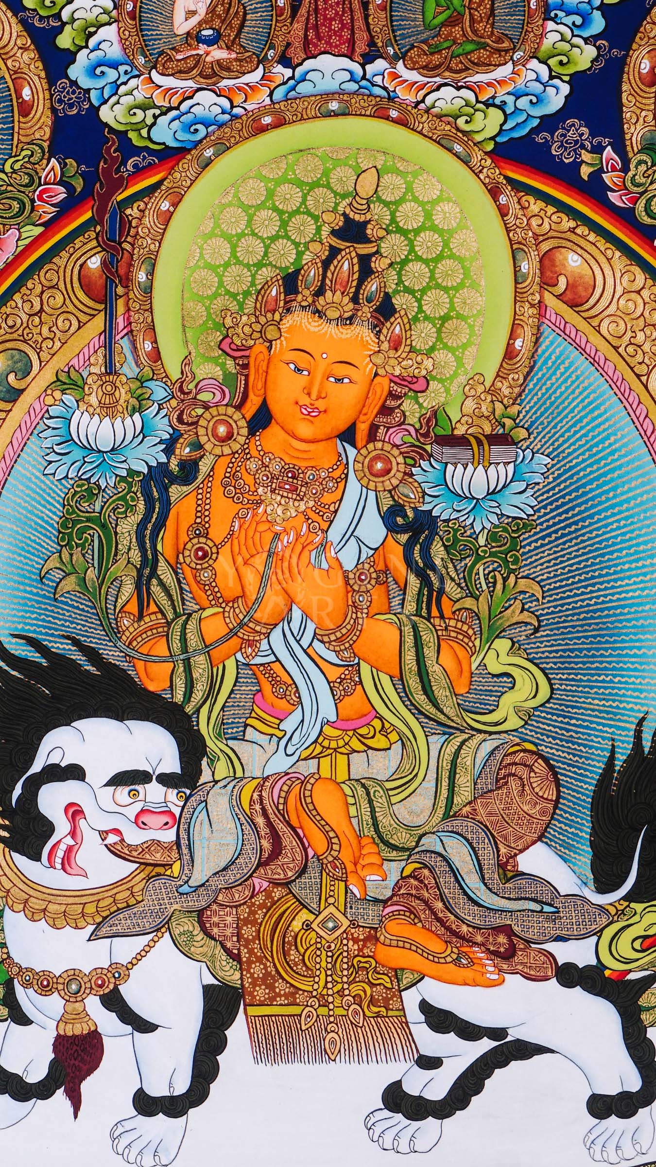 Hand-painted Tibetan thangka of Five Forms of Manjushree seated on a snow lion surrounded by enlightened manifestations, sacred lotus motifs, and traditional Himalayan ornamentation.