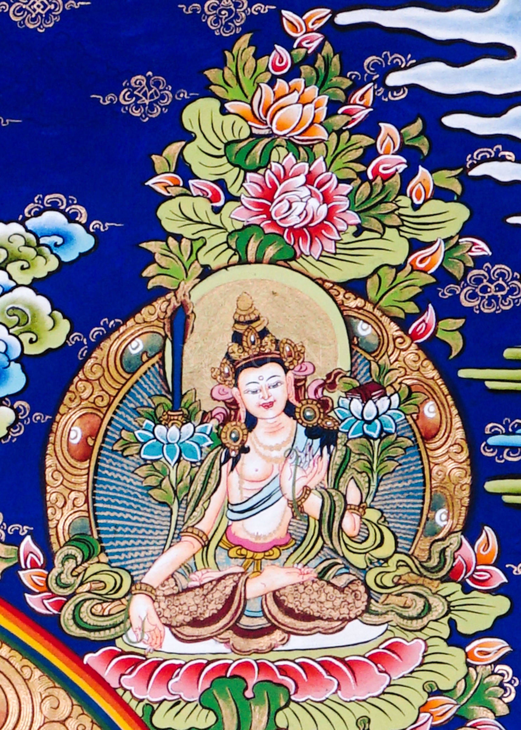 Hand-painted Tibetan thangka of Five Forms of Manjushree seated on a snow lion surrounded by enlightened manifestations, sacred lotus motifs, and traditional Himalayan ornamentation.