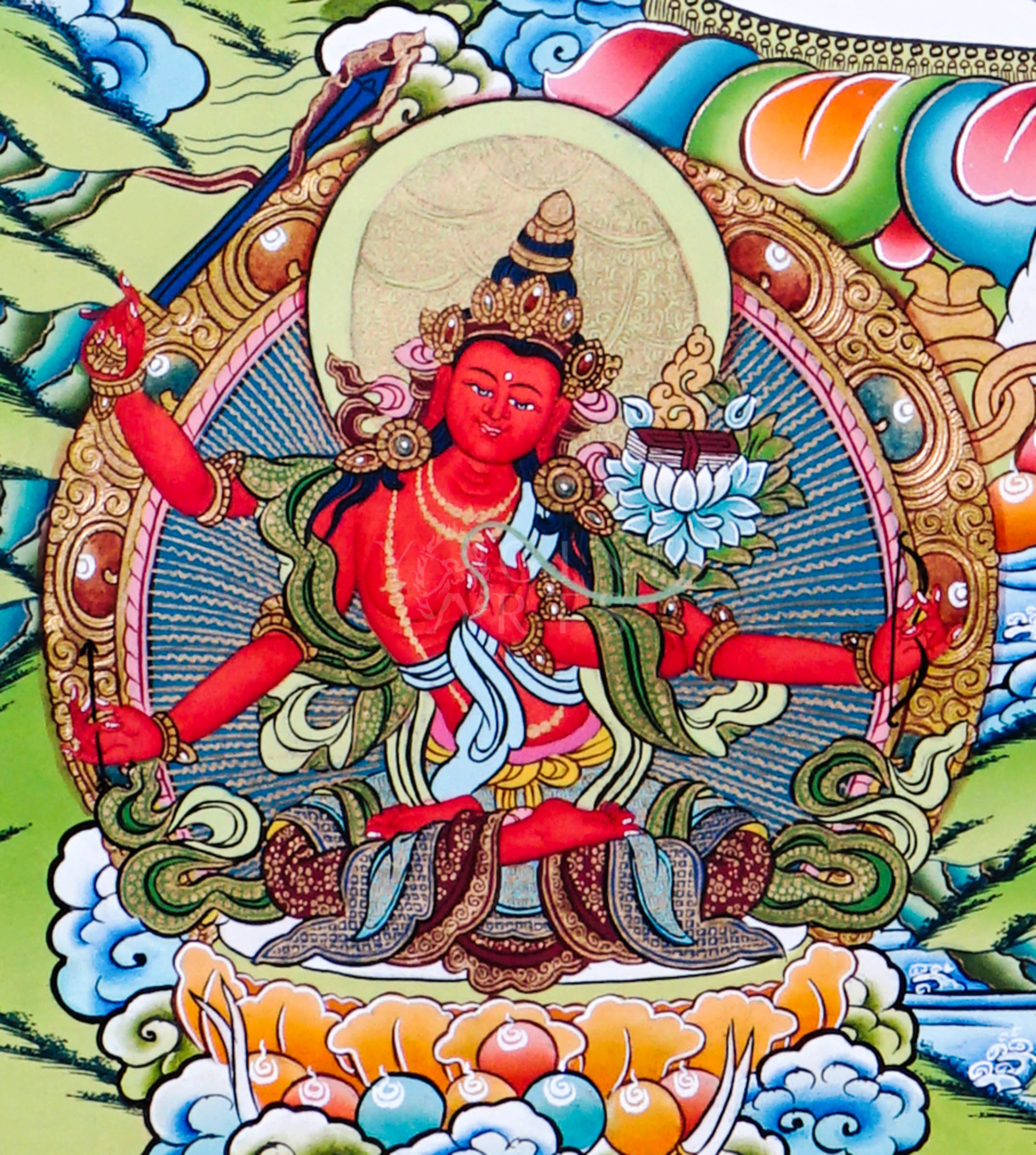 Hand-painted Tibetan thangka of Five Forms of Manjushree seated on a snow lion surrounded by enlightened manifestations, sacred lotus motifs, and traditional Himalayan ornamentation.
