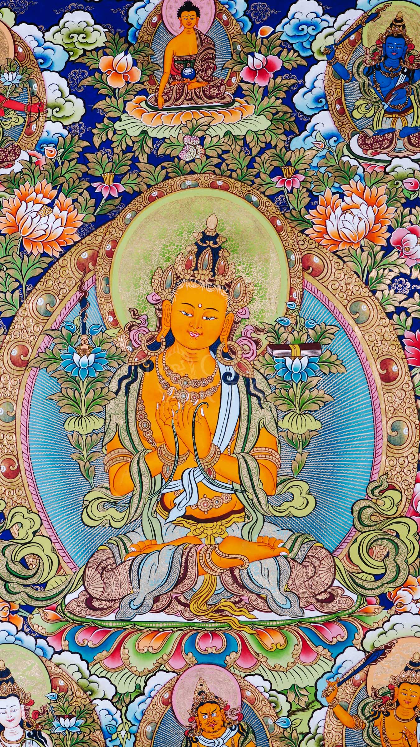 Hand-painted Tibetan thangka of Five Forms of Manjushree surrounded by sacred lotus motifs, enlightened manifestations, and traditional Himalayan Buddhist ornamentation.