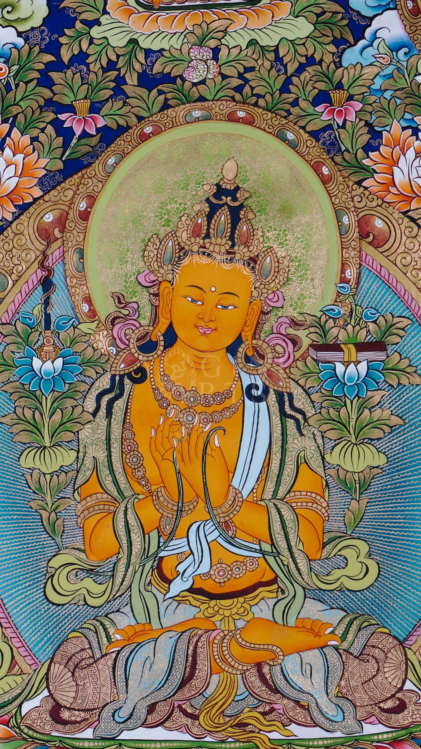 Hand-painted Tibetan thangka of Five Forms of Manjushree surrounded by sacred lotus motifs, enlightened manifestations, and traditional Himalayan Buddhist ornamentation.