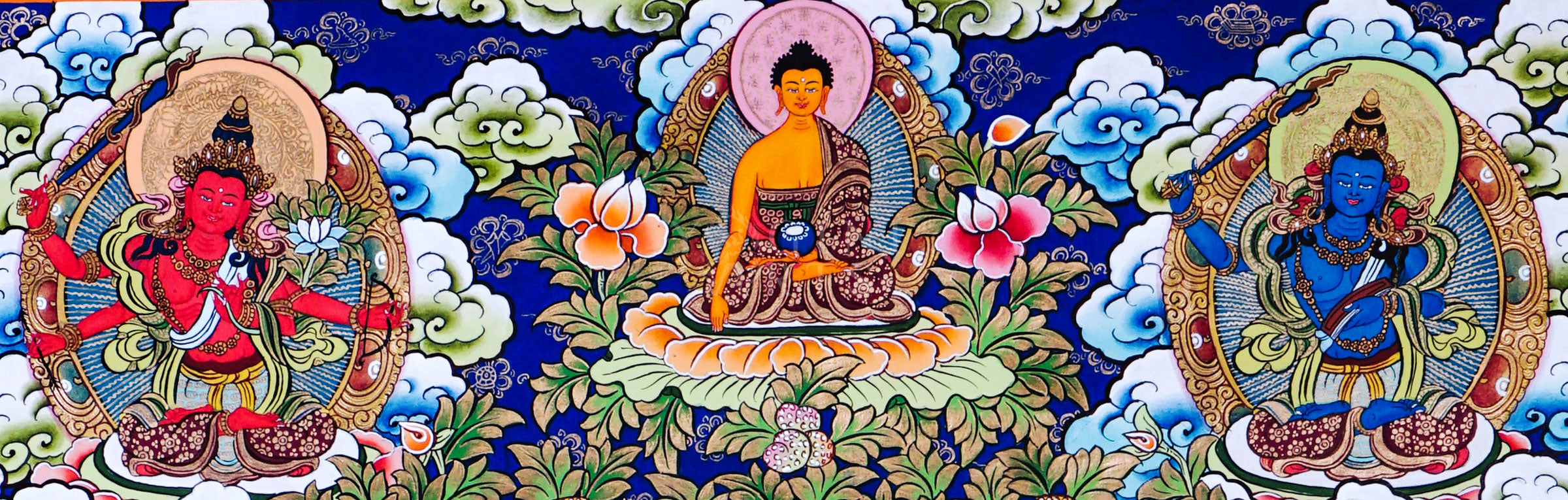 Hand-painted Tibetan thangka of Five Forms of Manjushree surrounded by sacred lotus motifs, enlightened manifestations, and traditional Himalayan Buddhist ornamentation.