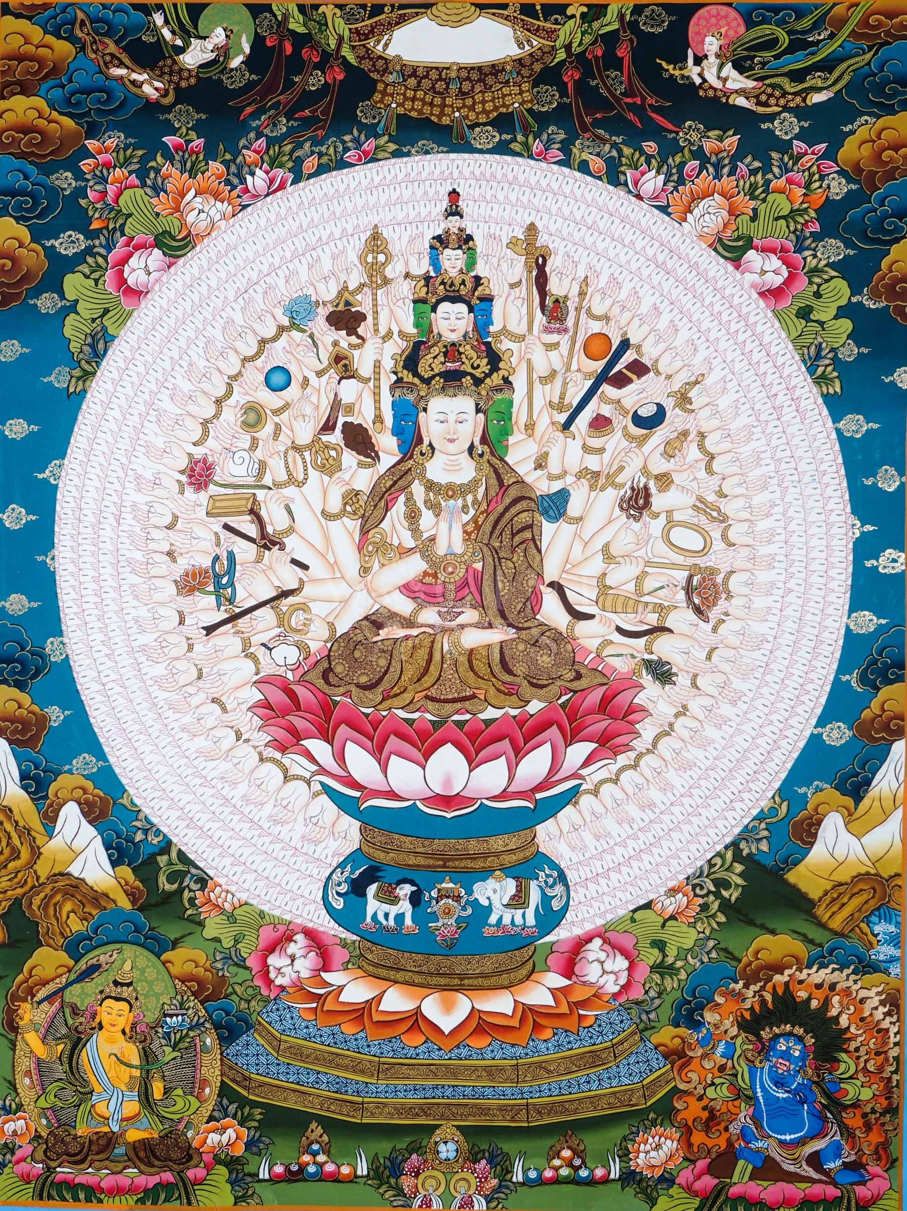Hand-painted Tibetan thangka of Thousand-Armed Avalokiteshvara seated on a lotus throne surrounded by countless sacred arms, ritual implements, and traditional Himalayan Buddhist ornamentation.