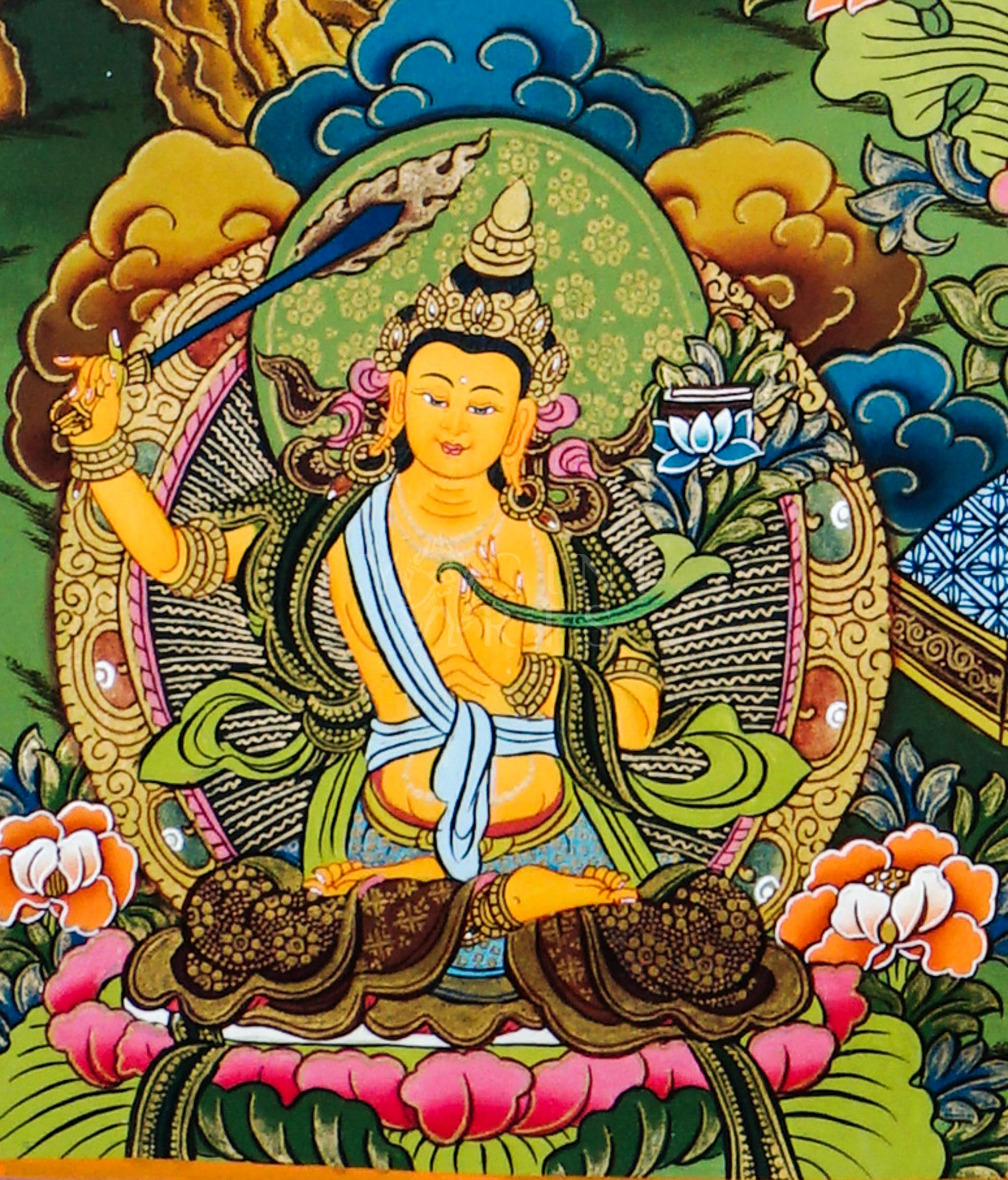 Hand-painted Tibetan thangka of Thousand-Armed Avalokiteshvara seated on a lotus throne surrounded by countless sacred arms, ritual implements, and traditional Himalayan Buddhist ornamentation.